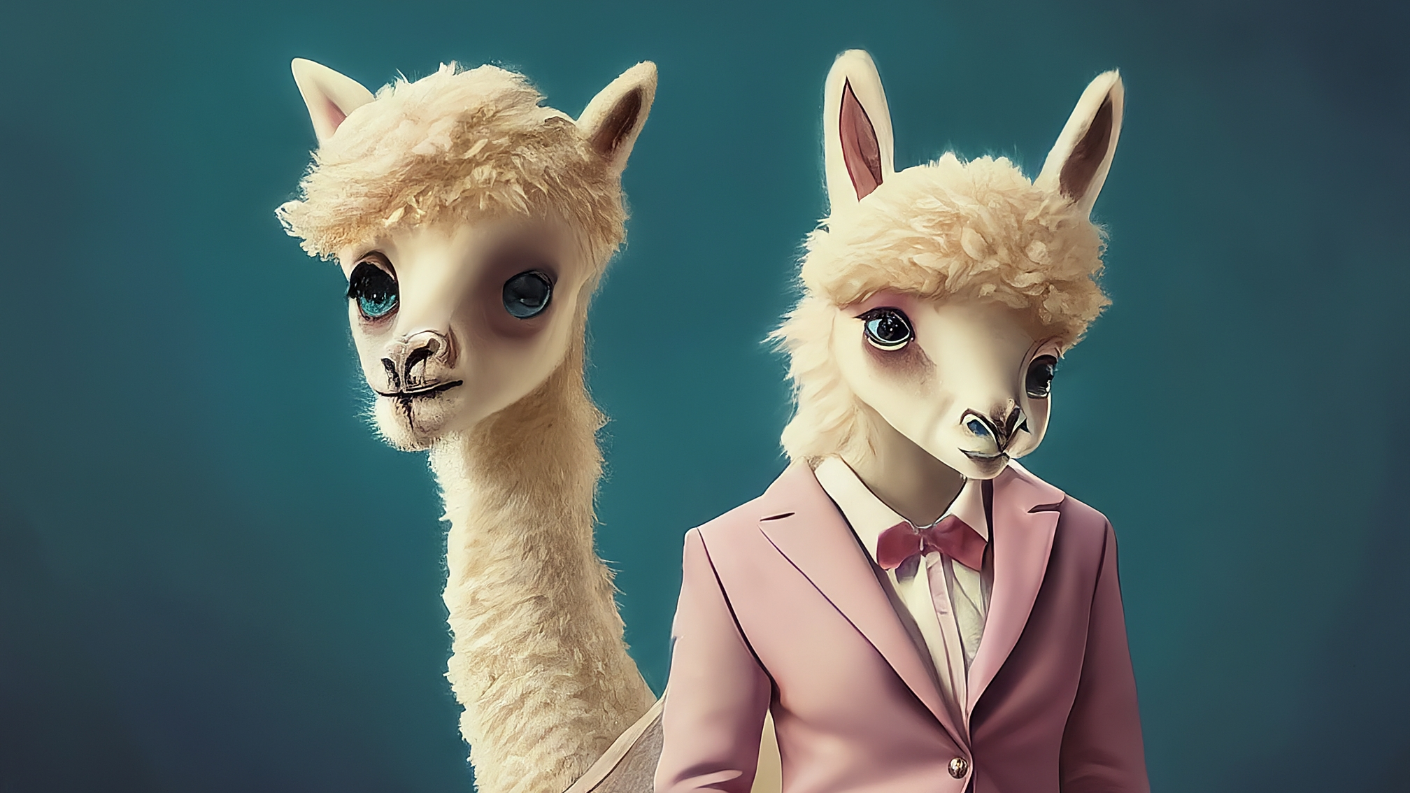 Due lama bianchi in stile cartoon, uno maschio in completo blu elegante, l'altra femmina in vestito rosa elegante. Hanno un'espressione seria ma curiosa, come se stessero osservando dei grafici finanziari. Lo sfondo è astratto con sfumature di blu e rosa che richiamano i loro abiti. Nessun testo presente sull'immagine.