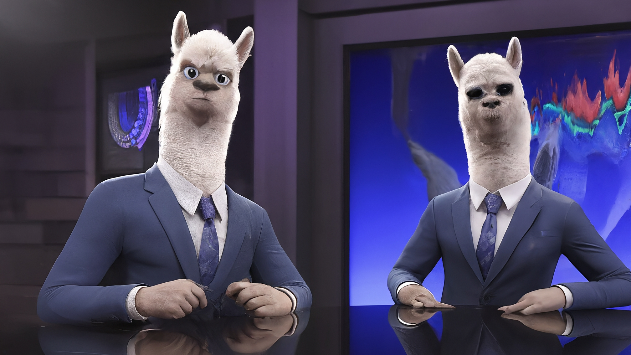 Due lama bianchi in stile cartoon, uno maschio (Marco Alam) in elegante completo blu con cravatta, e una femmina (Kia Mala) in elegante completo rosa. Marco ha un'espressione analitica e leggermente sorridente, mentre Kia ha un'espressione genuina e incuriosita. Sullo sfondo, un grafico finanziario stilizzato con linee verdi e gialle che salgono, e alcune icone stilizzate di lingotti d'oro e monete con la sigla