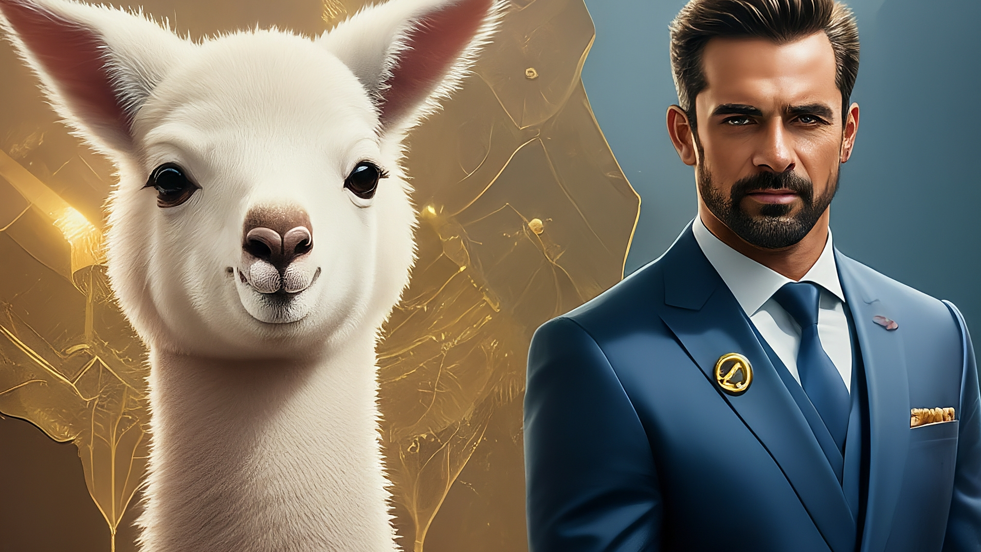 Due lama bianchi in stile cartoon, vestiti elegantemente (maschio con completo blu, femmina con vestito rosa), con espressioni analitiche ma leggermente incuriosite. Lo sfondo è un mix di elementi grafici che richiamano l'oro e la tecnologia blockchain, con tonalità dorate e blu scuro. Nessun testo visibile sulla thumbnail.