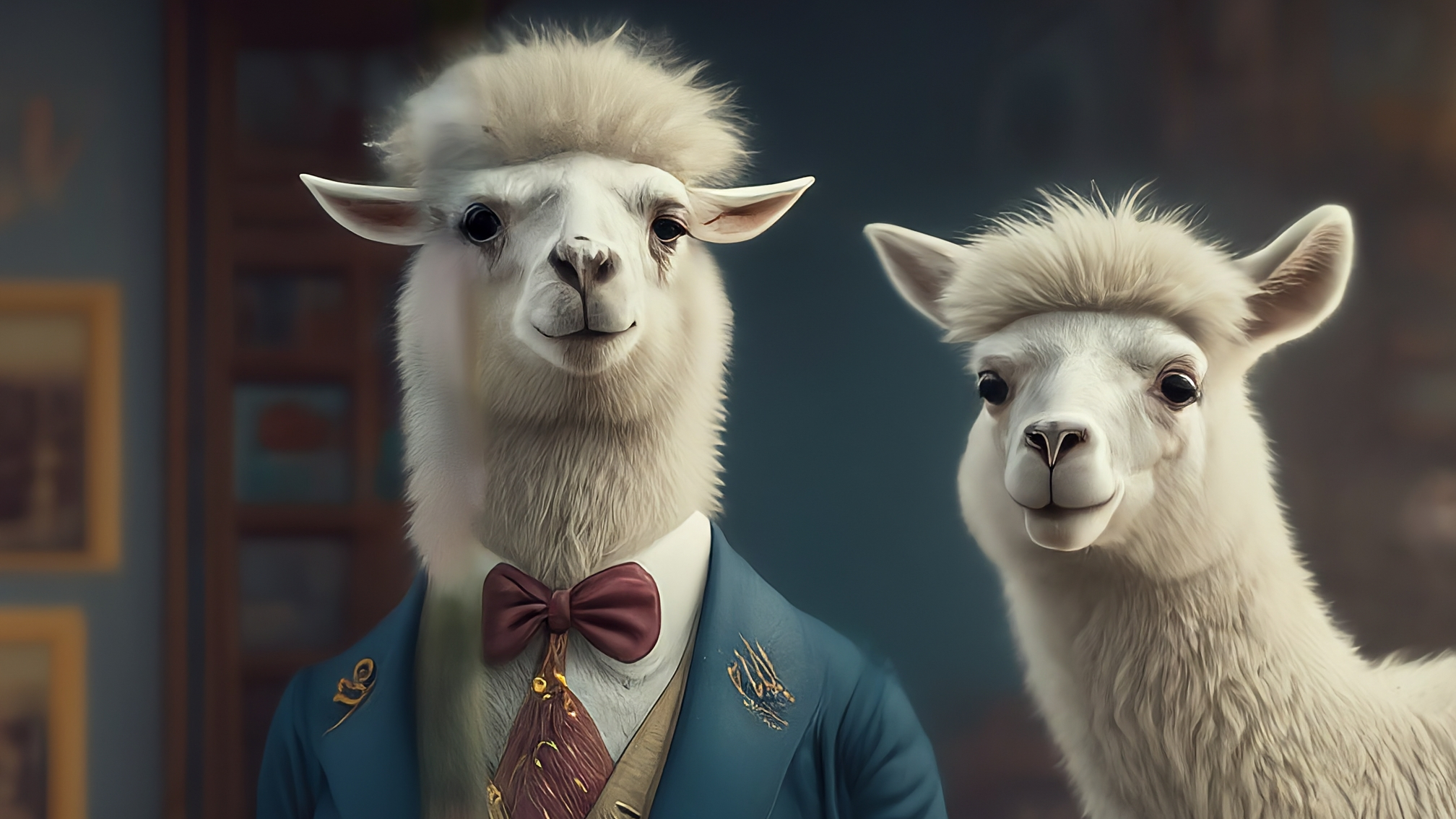 Due lama bianchi in stile cartoon con vestiti eleganti (uno maschio con un completo blu e una femmina con un vestito rosa). Il lama maschio ha un'espressione analitica e leggermente perplessa, mentre la lama femmina ha un'espressione curiosa e attenta. Si trovano su uno sfondo che ricorda un tavolo da gioco stilizzato con icone cripto sparse. Nessun testo sull'immagine. I colori sono brillanti ma con un tono autorevole.