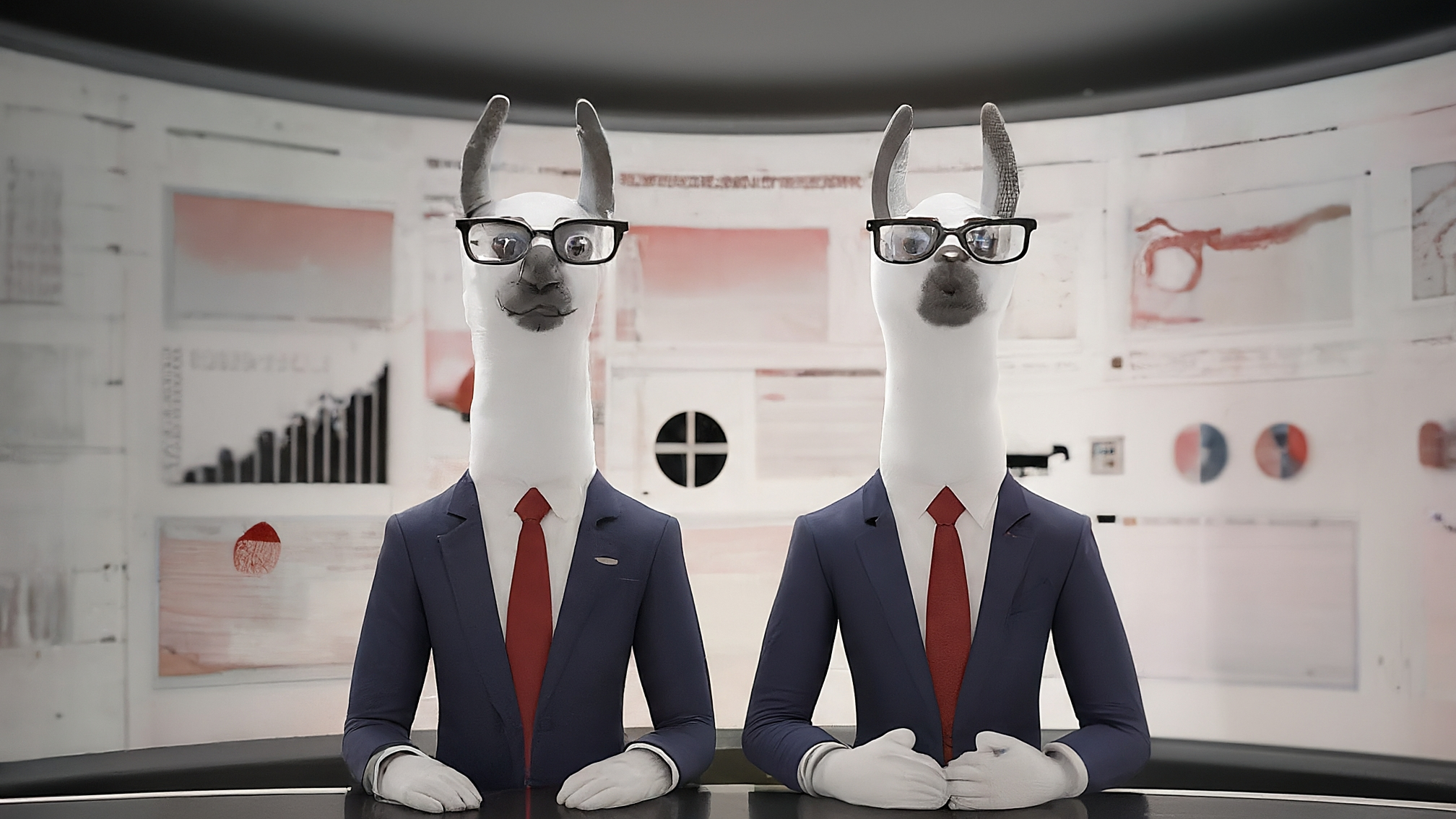 Due lama bianchi in stile cartoon, uno maschio (Marco Alam) con un elegante completo blu e un'espressione analitica ma divertita, l'altra femmina (Kia Mala) con un elegante vestito rosa e un'espressione genuina e attenta. Entrambi sono leggermente sorpresi e guardano verso un punto interrogativo stilizzato sullo sfondo. Colori vivaci ma professionali, con un focus sul blu e sul rosa. Nessun testo.