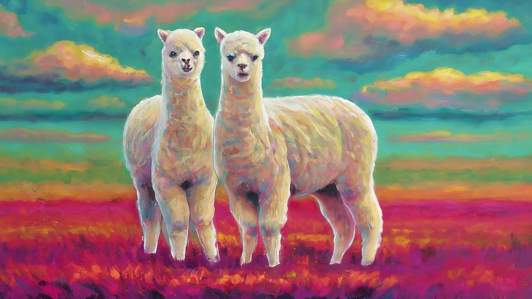 Due lama bianchi in stile cartoon, vestiti elegantemente in completi coordinati (lui blu, lei rosa). Il lama maschio ha un'espressione analitica e leggermente divertita, la femmina è genuina e attenta. Sono posizionati in primo piano su uno sfondo astratto con sfumature di verde e blu che richiamano un pascolo digitale. Le loro posture sono dinamiche, come se stessero commentando grafici invisibili. L'illuminazione è morbida ma mette in risalto i loro volti espressivi. Nessun testo visibile sulla thumbnail, focus sulle espressioni e sullo stile dei personaggi.