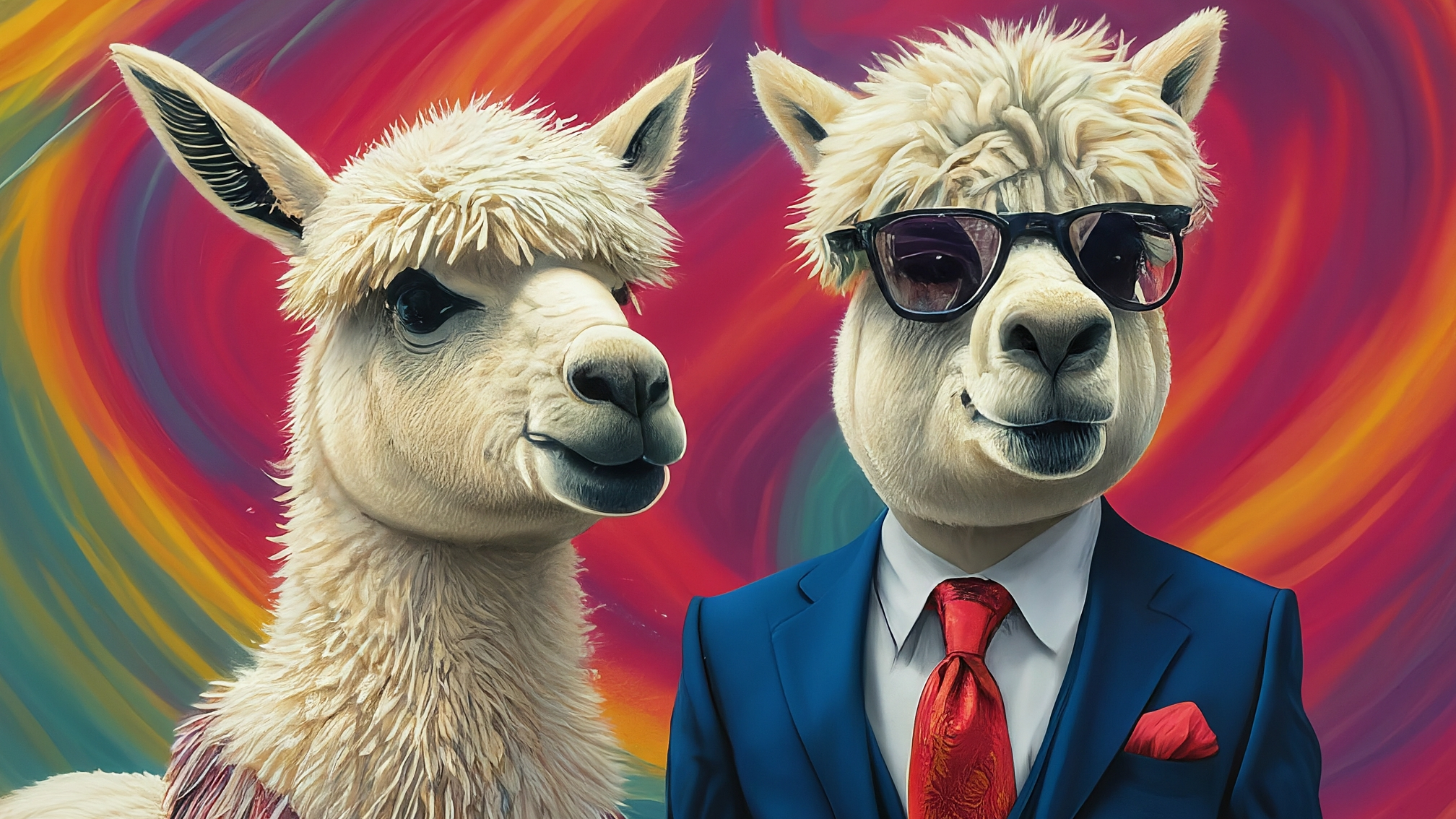 Due lama bianchi in stile cartoon, uno maschio con un completo blu elegante e un'espressione analitica, l'altra femmina con un vestito rosa elegante e un'espressione attenta e preoccupata. Nessun testo sull'immagine. Colori vivaci ma con una leggera sfumatura di rosso/arancione per richiamare l'allarme.