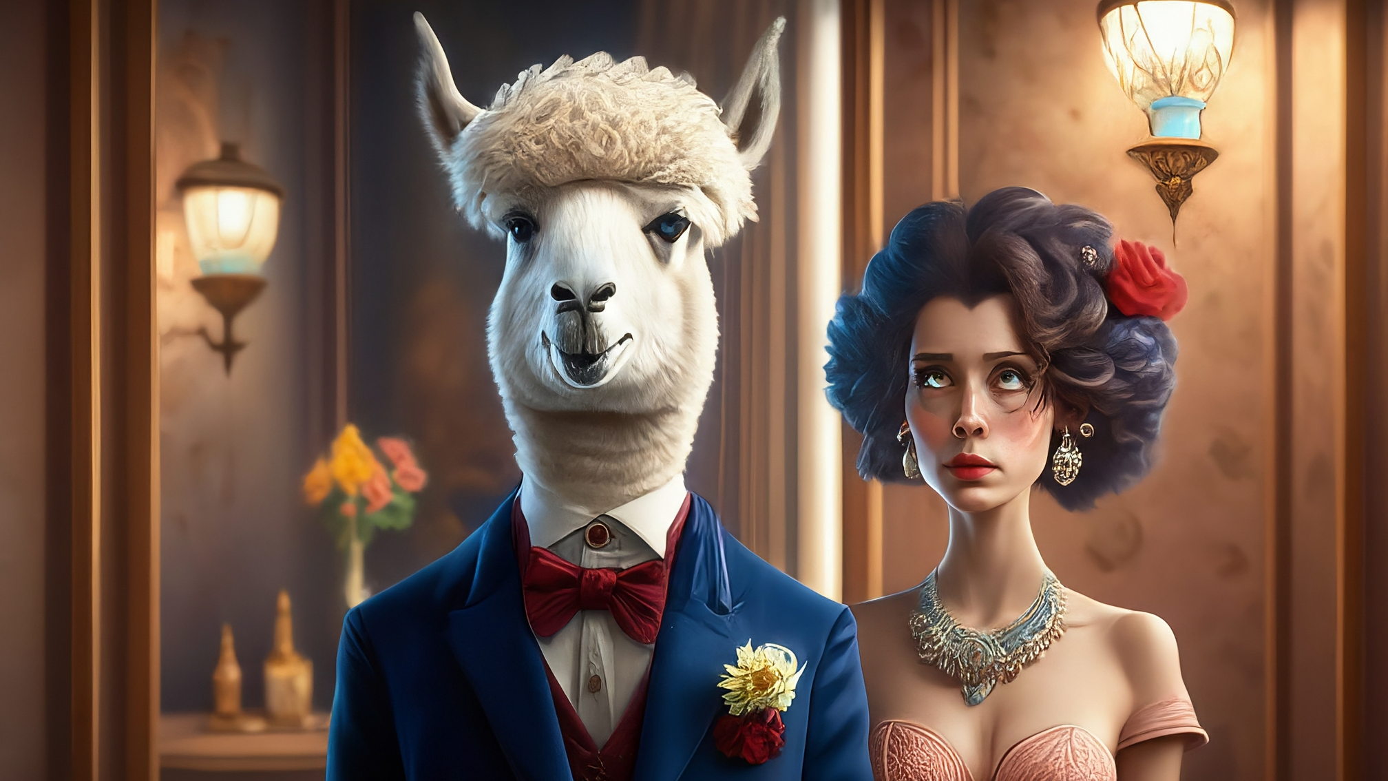 Due lama bianchi in stile cartoon, uno maschio e uno femmina, entrambi vestiti elegantemente. Il lama maschio indossa un completo blu scuro, la lama femmina un elegante vestito rosa. Entrambi hanno un'espressione analitica e leggermente sorpresa, con gli occhi spalancati. Lo sfondo è sfumato e dai colori caldi, che suggeriscono dinamismo ma senza distrazioni testuali.