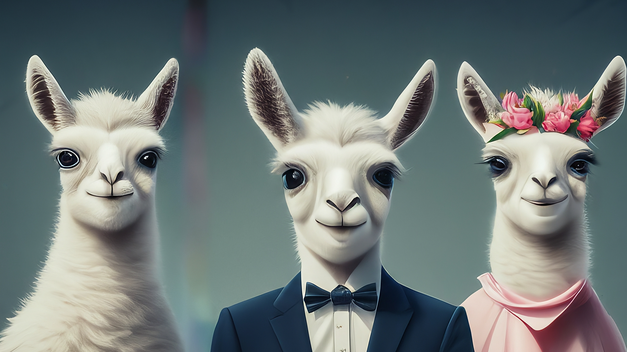 Due lama bianchi in stile cartoon, uno maschile con un completo blu elegante e uno femminile con un vestito rosa elegante, sorridono leggermente e guardano verso lo spettatore. Lo sfondo è un gradiente di colori tenui e professionali (blu e rosa pastello). Nessun testo visibile.