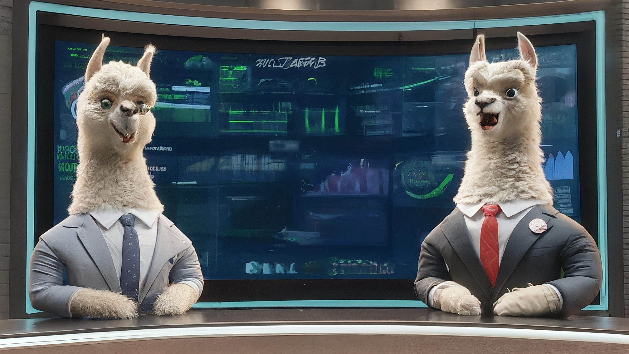 Due lama bianchi in stile cartoon con vestiti eleganti. Marco Alam (lama maschio) con completo blu, espressione analitica e leggermente preoccupata. Kia Mala (lama femmina) con vestito rosa, espressione genuina e attenta. Sfondo sfumato con tonalità di blu e rosa, suggerendo un'analisi critica ma accessibile. Nessun testo. Colori vivaci ma seri.