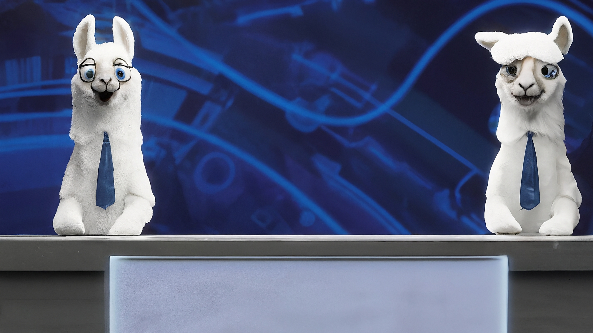 Due lama bianchi in stile cartoon, uno maschio (Marco) vestito con un elegante completo blu scuro e una cravatta blu, l'altra femmina (Kia) vestita con un elegante completo rosa shocking. Marco ha un'espressione leggermente perplessa e alza una mano mentre Kia guarda con un'espressione tra il sorpreso e il preoccupato. Sullo sfondo, grafici stilizzati e simboli di valute digitali che sembrano dissolversi o svanire. Colori vivaci ma con un'atmosfera di mistero.