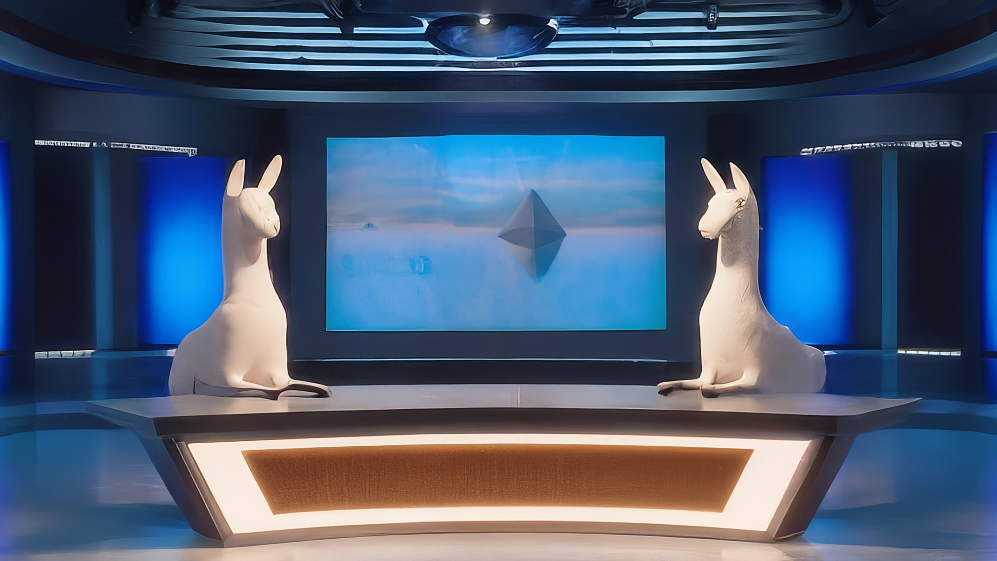 Due lama bianchi in stile cartoon con vestiti eleganti. Marco Alam (maschio) indossa un completo blu, Kia Mala (femmina) un vestito rosa. Hanno espressioni serie ma con un accenno di curiosità, come se stessero analizzando uno schermo con grafici. Lo sfondo è pulito e futuristico, con sfumature blu e rosa. Nessun testo sulla thumbnail.