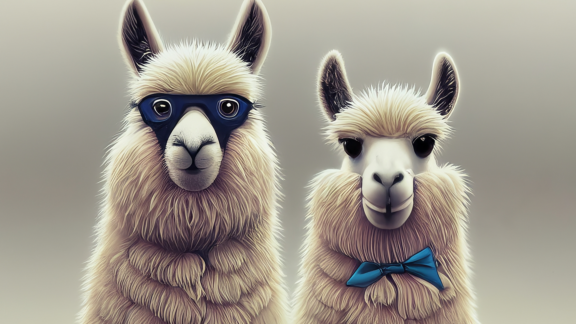 Due lama bianchi in stile cartoon, uno maschio con elegante completo blu e un'espressione analitica, l'altra femmina con elegante vestito rosa e espressione genuina e attenta. Stanno guardando verso uno schermo con grafici crypto stilizzati e la scritta 