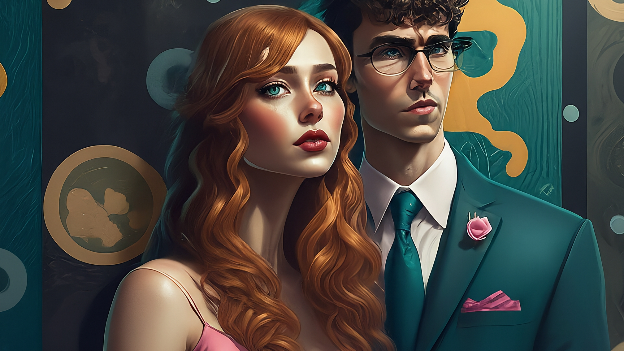 Due lama bianchi in stile cartoon, vestiti elegantemente (uno in completo blu, l'altra in abito rosa), con un'espressione pensierosa e leggermente curiosa. Sfondo con grafici stilizzati di criptovalute e un punto interrogativo gigante. Nessun testo sull'immagine. Colori vivaci ma professionali. Stile illustrativo pulito e moderno.