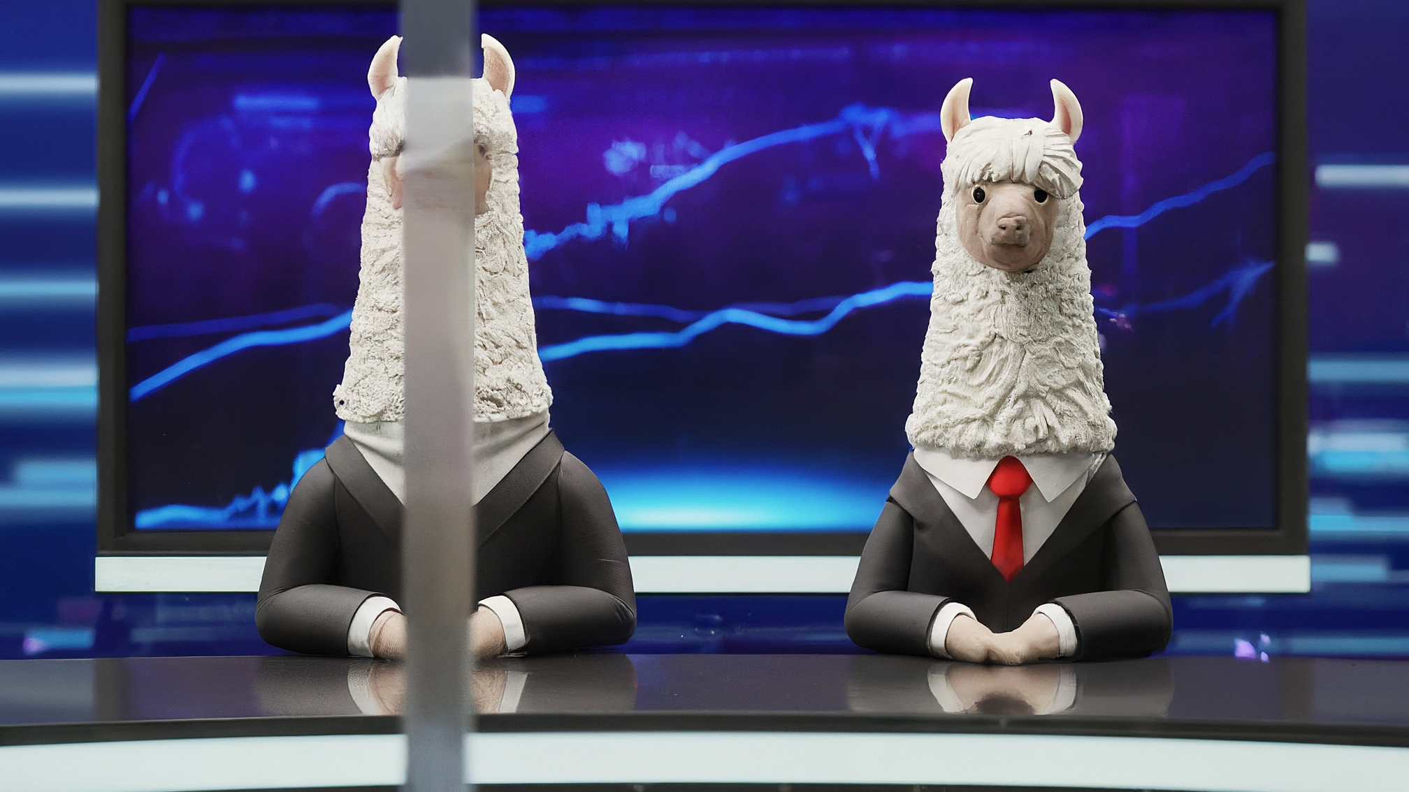 Due lama bianchi in stile cartoon, uno maschio (Marco Alam) con completo blu e cravatta nera, l'altro femmina (Kia Mala) con un tailleur rosa brillante. Sono posizionati al centro, con un'espressione analitica ma amichevole. Sullo sfondo, un grafico stilizzato di Bitcoin con una linea rossa che scende sotto un valore di 90.000$. Colori vivaci e contrastanti per attirare l'attenzione. Nessun testo sull'immagine.