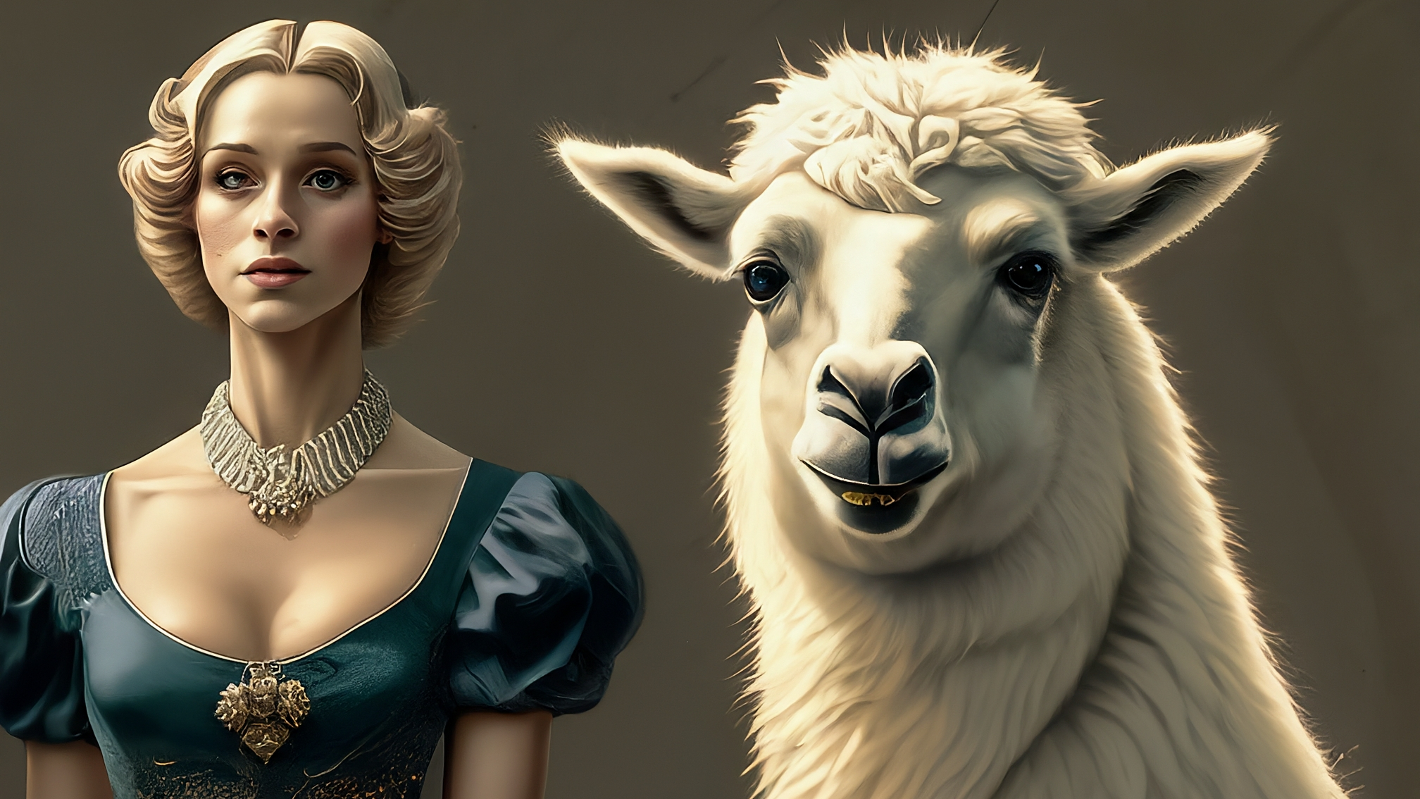 Due lama bianchi in stile cartoon, uno maschio con completo blu elegante e l'altro femmina con vestito rosa elegante. Il lama maschio ha un'espressione analitica, mentre la femmina ha un'espressione genuina e leggermente perplessa, con un punto interrogativo stilizzato fluttuante tra di loro. Sfondo sfumato che va dal blu notte all'indaco. Nessun testo sull'immagine.