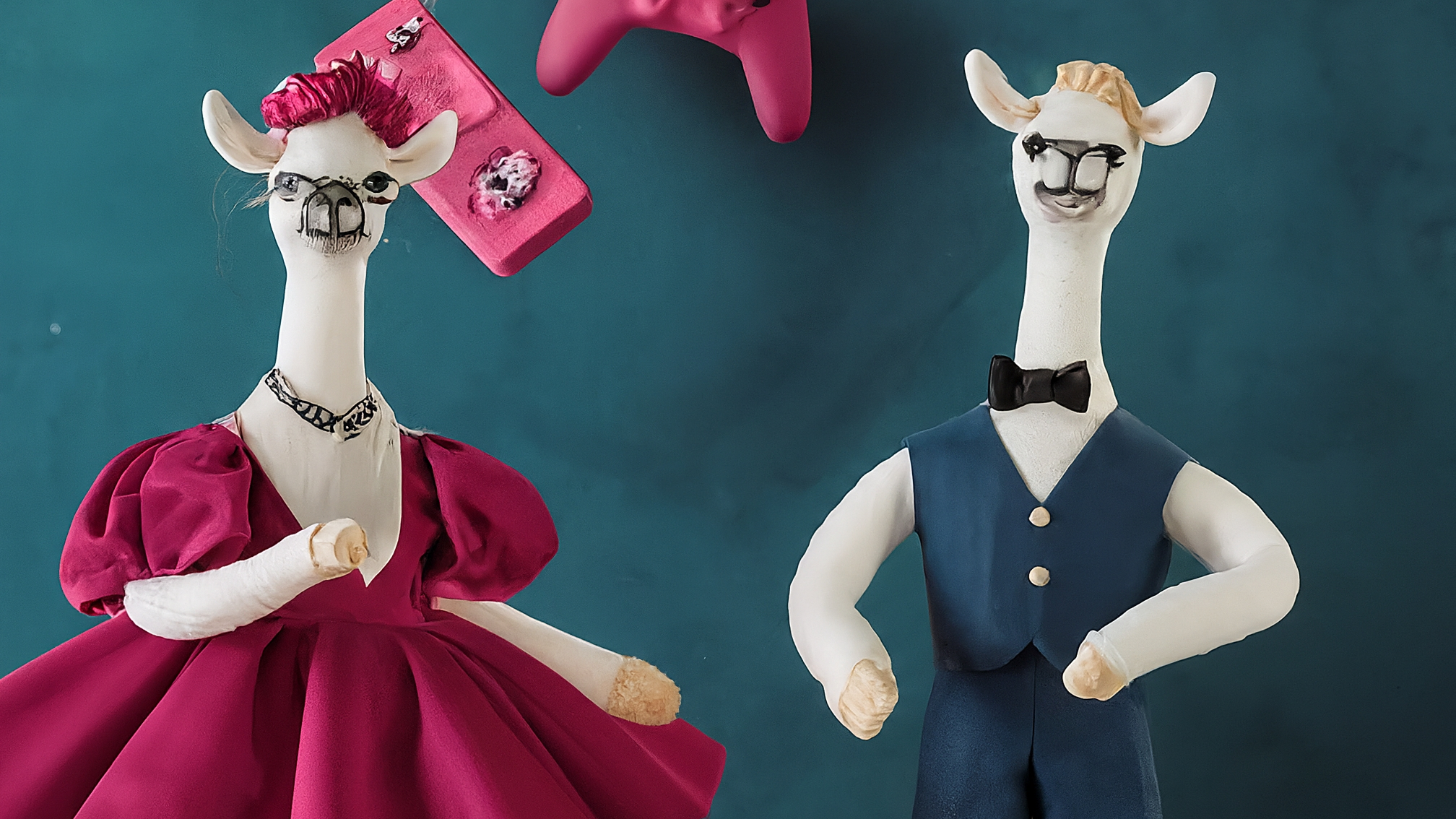 Due lama bianchi in stile cartoon con vestiti eleganti, uno maschio con un completo blu e un'espressione analitica, l'altra femmina con un vestito rosa e un'espressione genuina e attenta. Sullo sfondo, elementi stilizzati legati al gaming come pixel, controller e monete digitali. Nessun testo. Colori vivaci ma professionali.