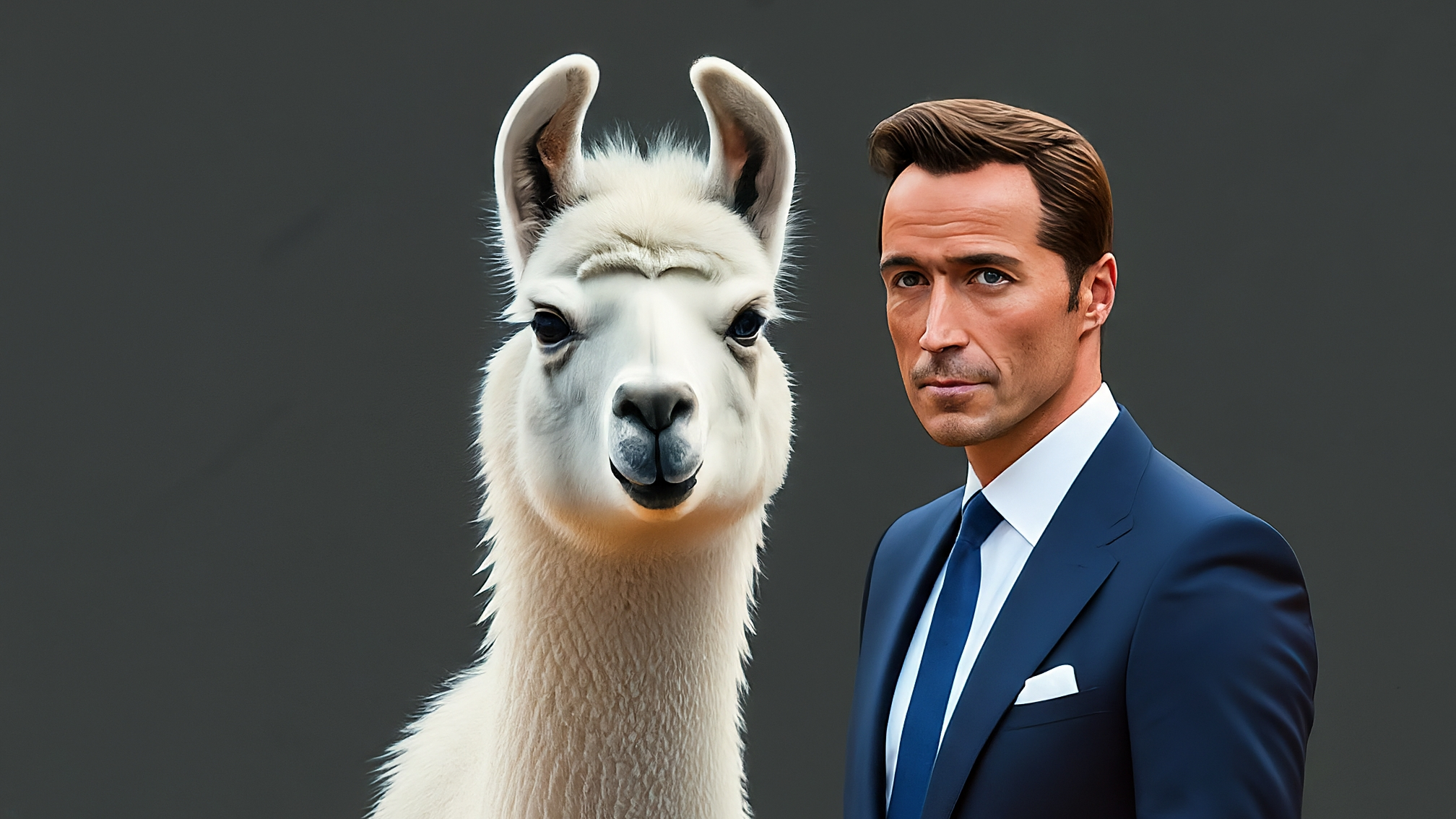 Due lama bianchi in stile cartoon, un maschio con un completo blu elegante e una femmina con un vestito rosa elegante. Il maschio ha un'espressione analitica e un leggero sorriso. La femmina ha un'espressione genuina e attenta, con un occhio leggermente più aperto. Entrambi guardano verso lo spettatore. Lo sfondo è un paesaggio astratto con elementi grafici che richiamano grafici di mercato e simboli di criptovalute in colori tenui come il blu e il rosa. Nessun testo presente nell'immagine. I colori sono vivaci ma non aggressivi.