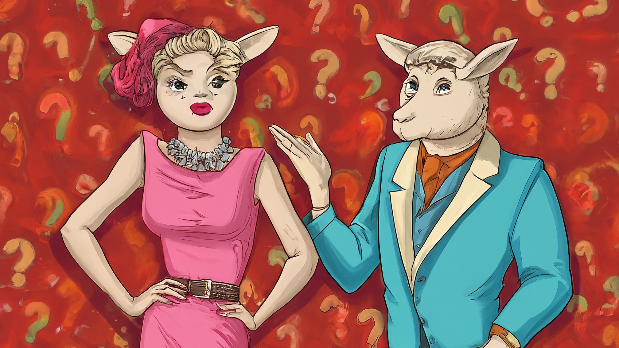 Due lama bianchi in stile cartoon con vestiti eleganti (uno maschio in completo blu, una femmina in vestito rosa), con espressioni curiose e leggermente preoccupate. Lo sfondo è un grafico stilizzato di criptovalute con punti interrogativi sparsi. Nessun testo visibile. Colori vivaci ma professionali.