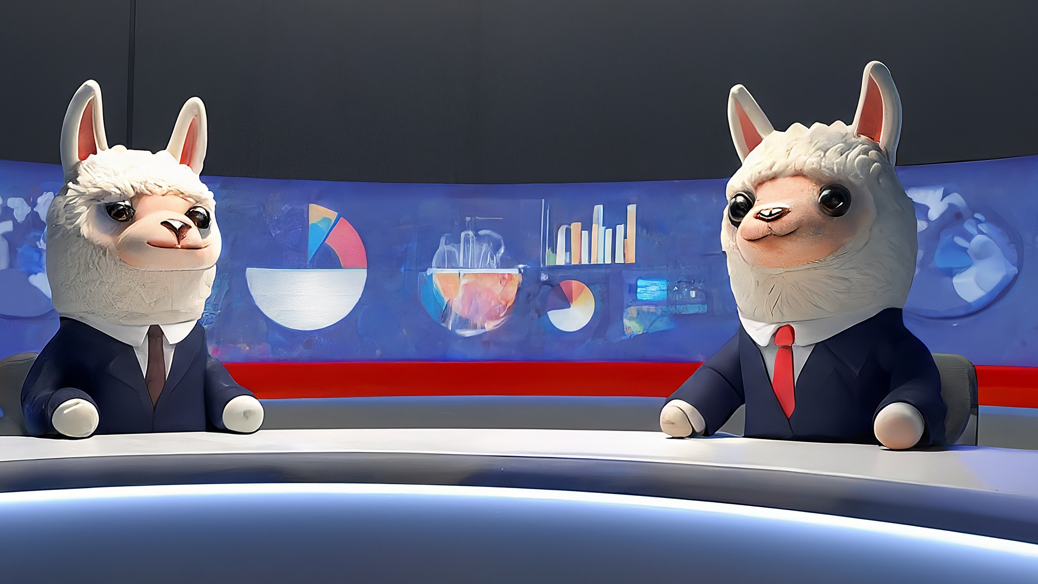 Due lama bianchi in stile cartoon con vestiti eleganti. Marco Alam indossa un completo blu scuro, Kia Mala un abito rosa acceso. Hanno espressioni attente e leggermente sorprese, con un'enfasi sugli occhi. Lo sfondo è un grafico di mercato stilizzato con frecce che indicano movimenti significativi (sia verdi che rosse). Non c'è testo sull'immagine. I colori sono vivaci ma armoniosi.