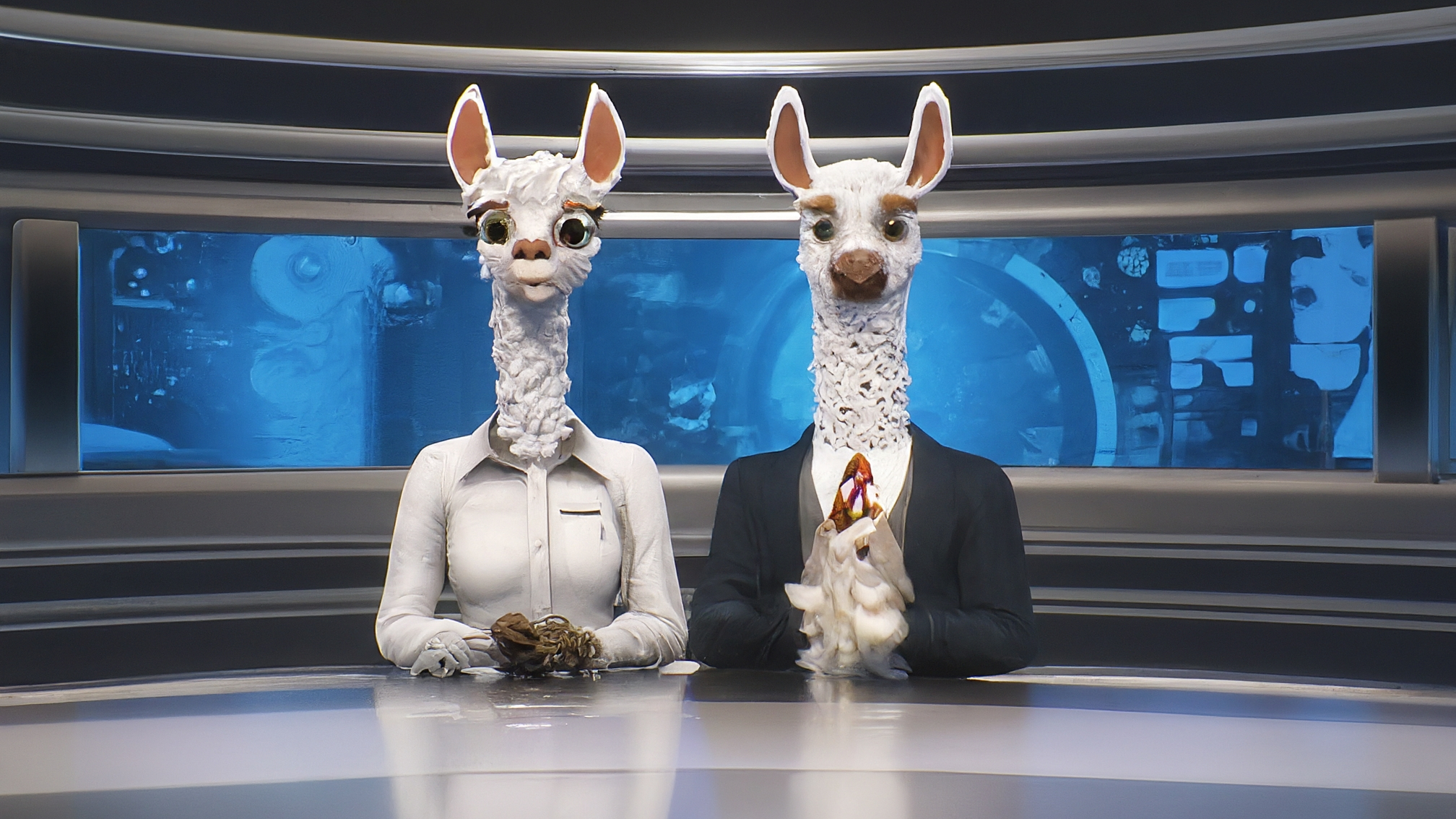 Due lama bianchi in stile cartoon con vestiti eleganti. Marco (maschio) indossa un completo blu scuro con cravatta, espressione analitica e curiosa. Kia (femmina) indossa un elegante vestito rosa, espressione attenta e leggermente preoccupata. Lo sfondo è una stilizzazione di grafici finanziari criptati e punti interrogativi. Nessun testo sull'immagine. Colori vivaci ma professionali.