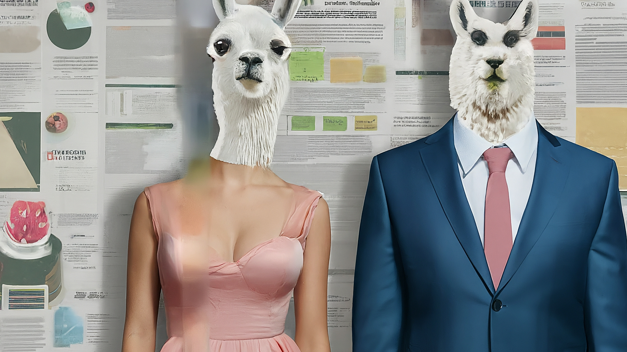 Due lama bianchi in stile cartoon, un maschio con un elegante completo blu e una femmina con un elegante vestito rosa, entrambi con espressioni analitiche ma amichevoli. Sfondo che richiama una schermata di notizie con elementi grafici che suggeriscono criptovalute e grafici. Nessun testo. Colori vivaci ma professionali.