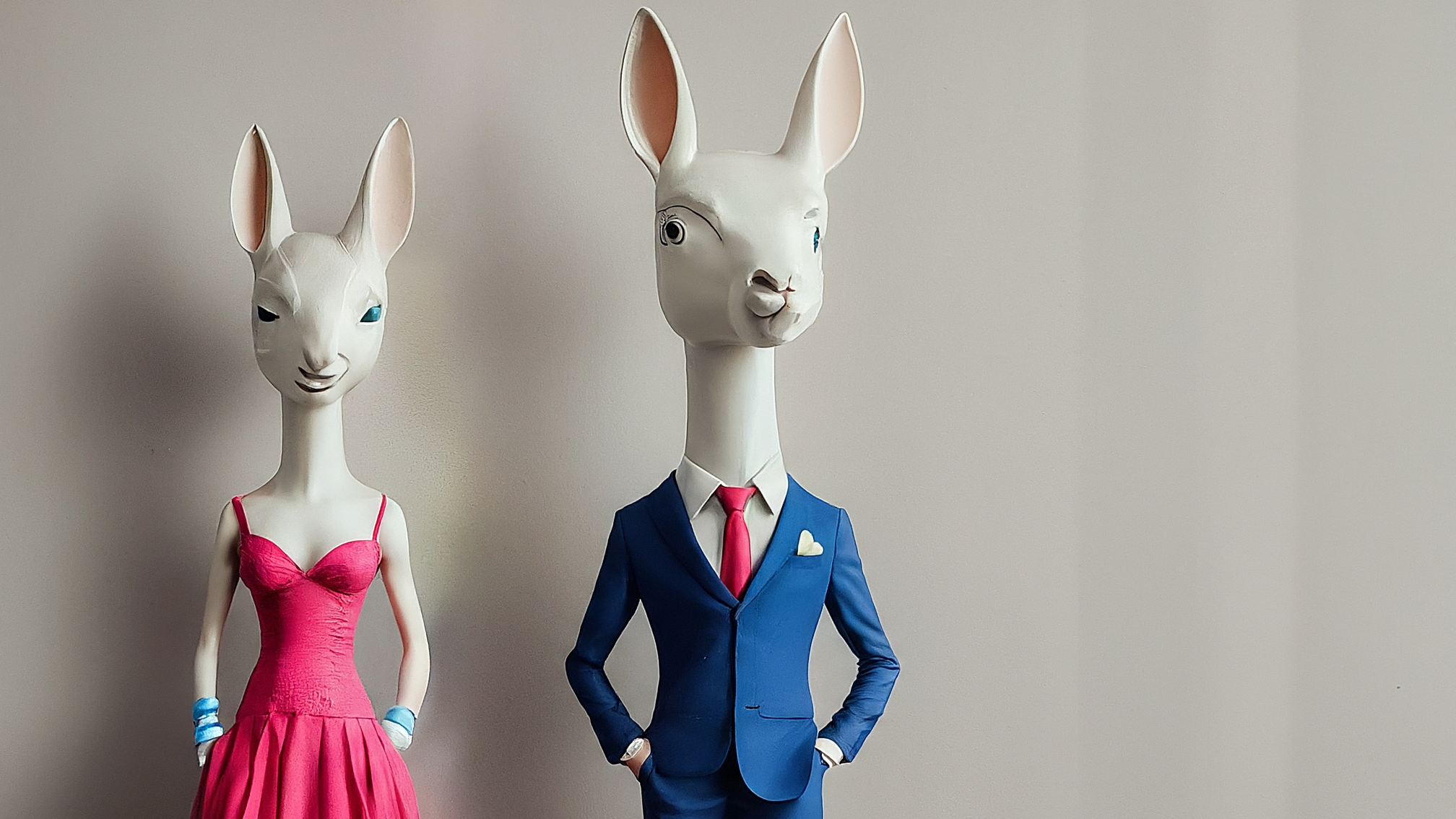 Due lama bianchi in stile cartoon con vestiti eleganti (uno maschio in completo blu, una femmina in vestito rosa), espressioni serie ma curiose, sullo sfondo un grafico stilizzato che sale, colori vivaci ma professionali, senza testo.