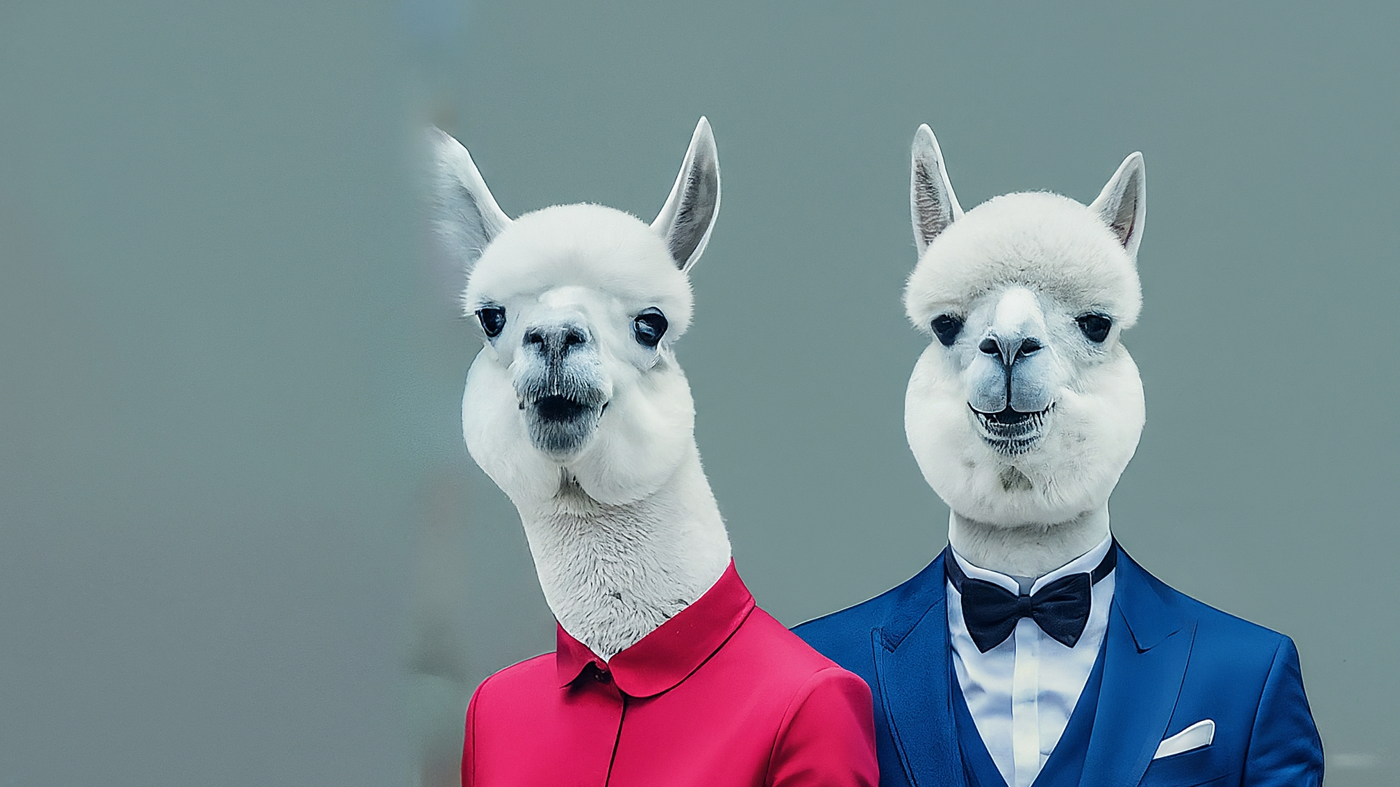 Due lama bianchi in stile cartoon, vestiti eleganti (uno maschio con completo blu, una femmina con vestito rosa), sorridono con espressione analitica e genuina rispettivamente. Colori vivaci e sfondo che richiama un telegiornale stilizzato. Nessun testo.