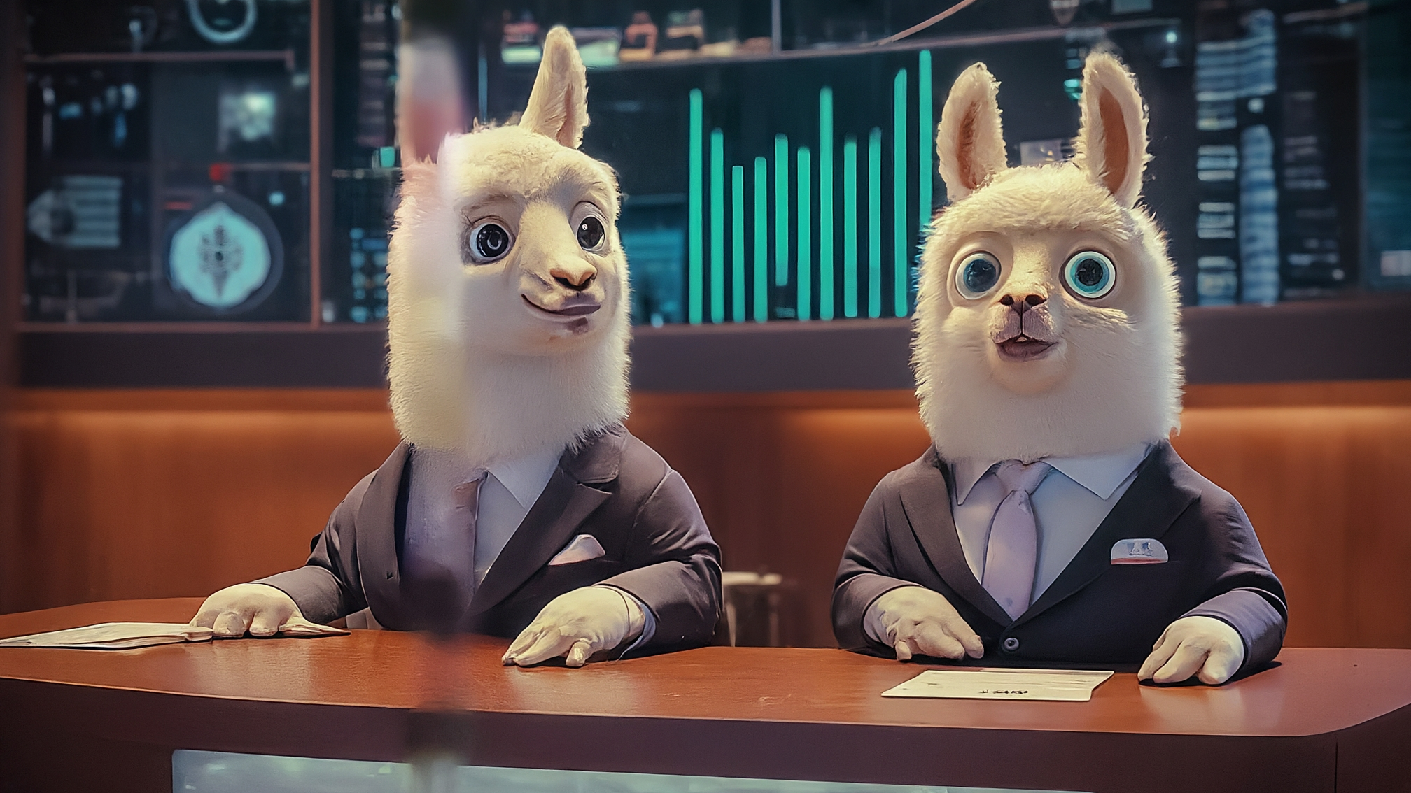 Due lama bianchi in stile cartoon con vestiti eleganti, Marco Alam (in completo blu) e Kia Mala (in vestito rosa), si guardano con un'espressione di perplessità mista a curiosità, uno dei due tiene in mano un grafico astratto del mercato che oscilla. Sfondo neutro e pulito, colori vivaci ma professionali. Nessun testo.