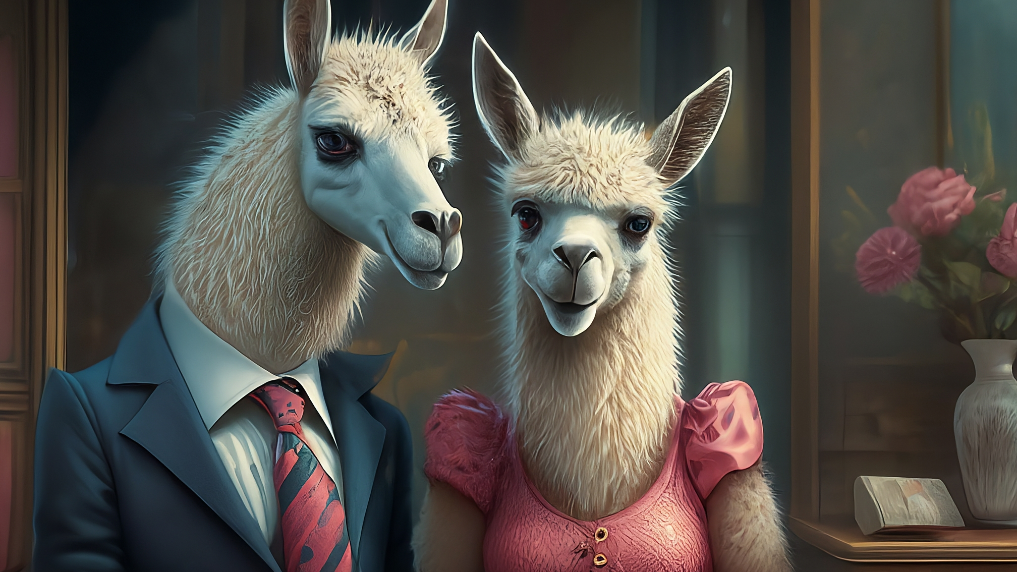 Due lama bianchi in stile cartoon con vestiti eleganti (un maschio con completo blu, una femmina con vestito rosa). Il lama maschio ha un'espressione analitica e un po' perplessa, leggermente inclinato in avanti. La lama femmina ha un'espressione genuina e attenta, con gli occhi leggermente sgranati. Sfondo pulito e luminoso con sfumature di blu e rosa che richiamano i loro vestiti. Nessun testo visibile.