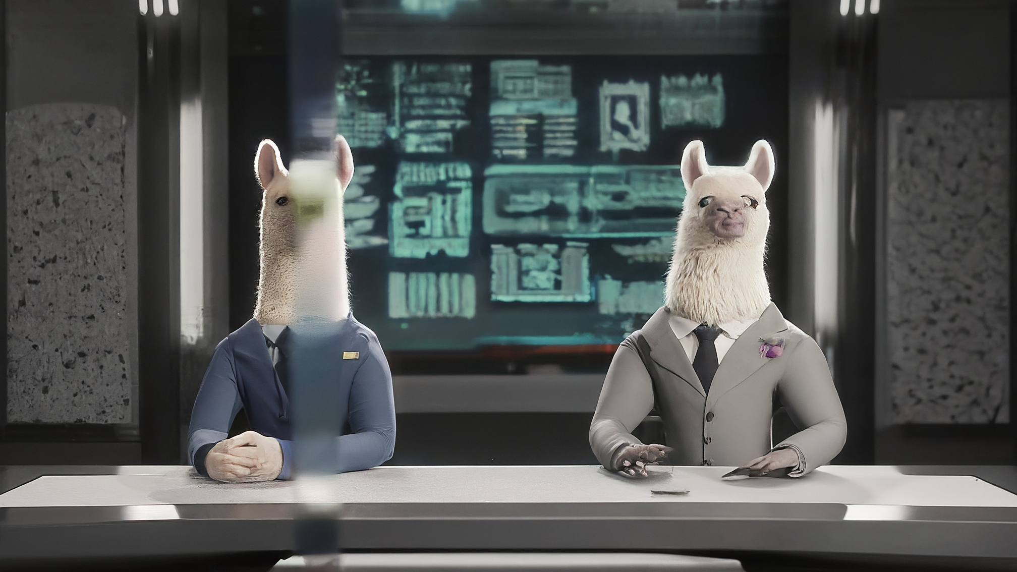 Due lama bianchi in stile cartoon con vestiti eleganti: Marco Alam con un completo blu con cravatta, espressione analitica e un sopracciglio alzato; Kia Mala con un vestito rosa elegante, espressione genuina e curiosa. Sfondo astratto con elementi grafici che richiamano la tecnologia e i mercati finanziari, colori vivaci ma non aggressivi. Nessun testo.