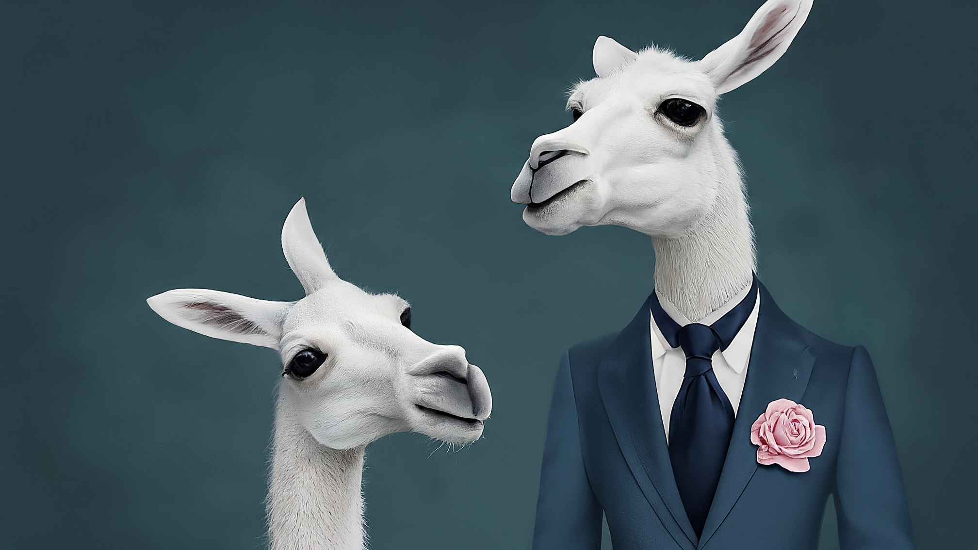 Due lama bianchi in stile cartoon con vestiti eleganti (uno maschio blu, una femmina rosa), espressione sorpresa e curiosa, con un punto interrogativo grande e trasparente sovrapposto al centro. Nessun testo visibile sull'immagine. Colori vivaci ma professionali.