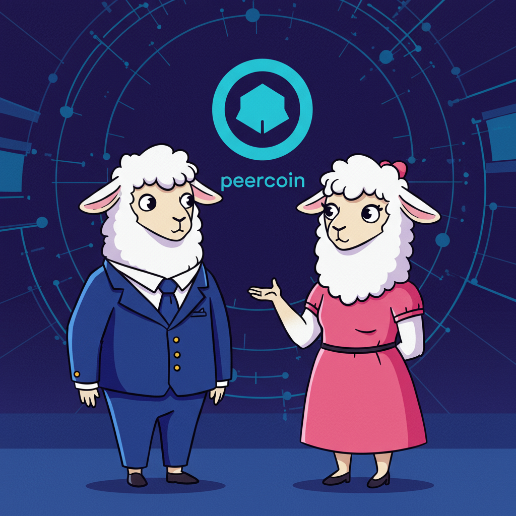 Due lama bianchi cartoon vestiti eleganti (lama maschio con completo blu, lama femmina con vestito rosa), espressione sorpresa e incuriosita, sfondo futuristico con logo Peercoin, colori vivaci, stile cartone animato.
