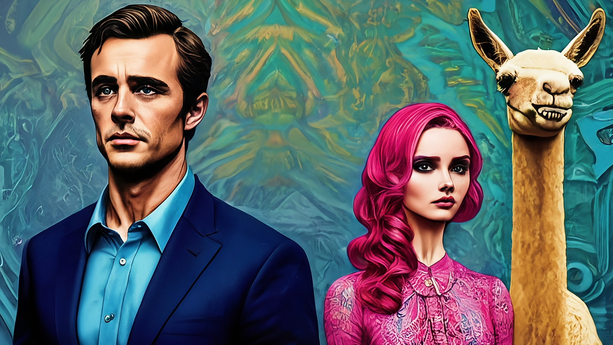 Due lama bianchi in stile cartoon, uno maschio con completo blu elegante, l'altro femmina con vestito rosa elegante. Entrambi con espressioni serie ma leggermente preoccupate, con uno sfondo che mostra un grafico a candele crypto in forte discesa. Nessun testo sull'immagine. Colori vivaci ma con una dominante di blu e rosa che richiama i vestiti dei lama.