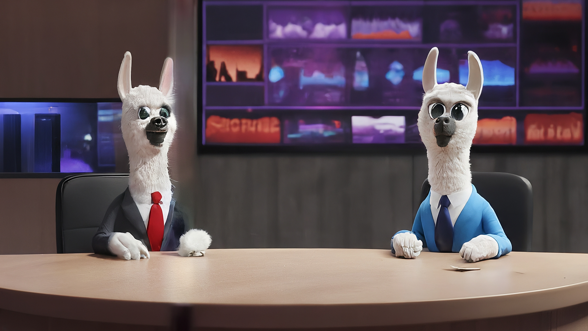 Due lama bianchi in stile cartoon, uno maschio (Marco Alam) con un elegante completo blu e cravatta blu, l'altro femmina (Kia Mala) con un elegante tailleur rosa e camicetta bianca. Entrambi hanno espressioni facciali attente e analitiche, ma leggermente curiose, come se stessero esaminando un grafico finanziario. Sfondo con grafici stilizzati in blu e linee rosse che indicano una crescita inaspettata o un punto di svolta. Nessun testo presente. I colori predominanti sono il blu, il rosa e il bianco, con un tocco di giallo per un'ipotetica moneta cripto stilizzata (PXC) sullo sfondo.