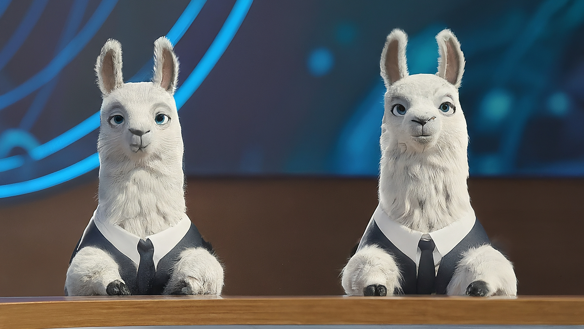 Due lama bianchi in stile cartoon con vestiti eleganti, uno maschio (Marco Alam) in completo blu analitico e una femmina (Kia Mala) in vestito rosa genuina, entrambi con espressioni curiose e leggermente pensierose, guardano uno schermo virtuale che mostra dati cripto stilizzati, su uno sfondo dai toni freddi e tecnologici. Nessun testo presente.