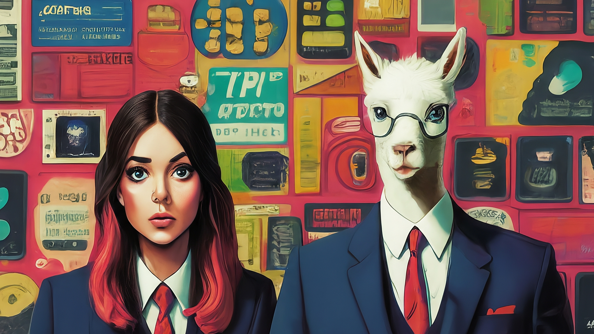 Due lama bianchi in stile cartoon, vestiti con eleganti completi (un maschio in blu, una femmina in rosa). Esprimono sorpresa e attenzione, con gli occhi leggermente spalancati e le sopracciglia alzate. Lo sfondo è un pannello di notizie crypto stilizzato con grafici e simboli di criptovalute. Colori vivaci ma professionali, con un'illuminazione che mette in risalto i personaggi. Nessun testo presente sulla thumbnail. Stile di animazione pulito e moderno.