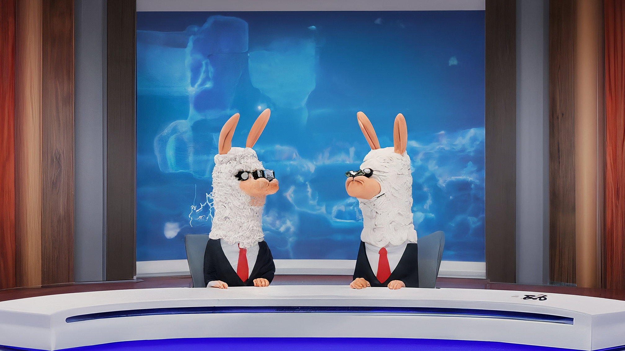 Due lama bianchi in stile cartoon. Marco Alam, a sinistra, indossa un completo blu elegante, ha un'espressione analitica e un sorriso accennato. Kia Mala, a destra, indossa un completo rosa elegante, ha un'espressione genuina e sorridente. Sullo sfondo, un grafico a barre blu che sale e un sacco di denaro con il simbolo del dollaro. Colori vivaci e brillanti.