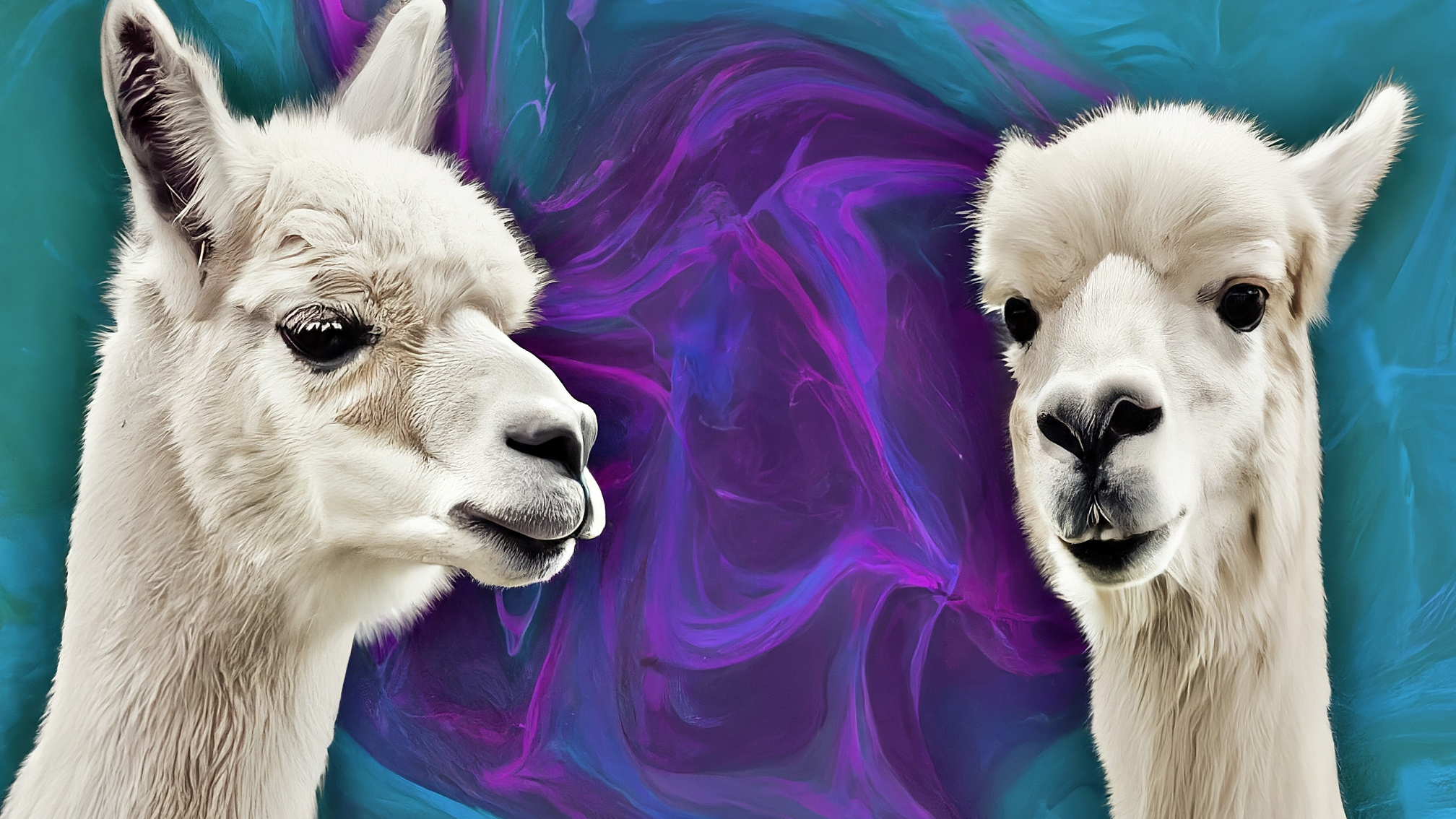 Due lama bianchi in stile cartoon con vestiti eleganti, uno maschio (blu) e una femmina (rosa), entrambi con espressioni di intensa curiosità e leggero scetticismo. Lo sfondo è un grafico crypto stilizzato e misterioso, con colori tenui ma accesi che suggeriscono un'indagine. Nessun testo.