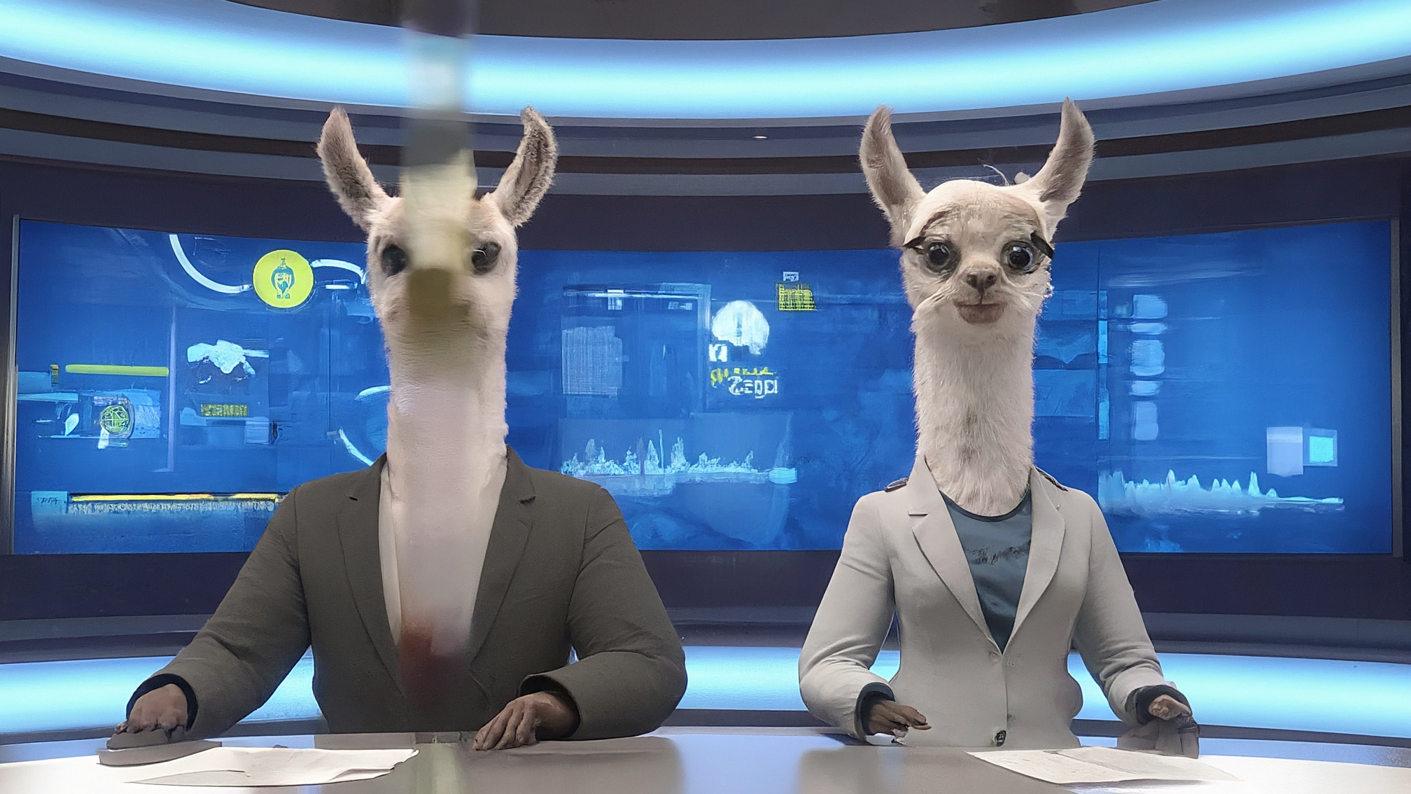 Due lama bianchi in stile cartoon, vestiti elegantemente. Marco Alam, il lama maschio, con un completo blu scuro e un'espressione analitica ma leggermente perplessa, guarda verso un punto fuori campo. Kia Mala, la lama femmina, con un elegante abito rosa, ha un'espressione genuina e attenta, anch'essa rivolta fuori campo. Lo sfondo è sfocato con tonalità che richiamano grafici di mercato astratti, suggerendo volatilità e incertezza. Nessun testo visibile, i colori sono vivaci ma professionali.