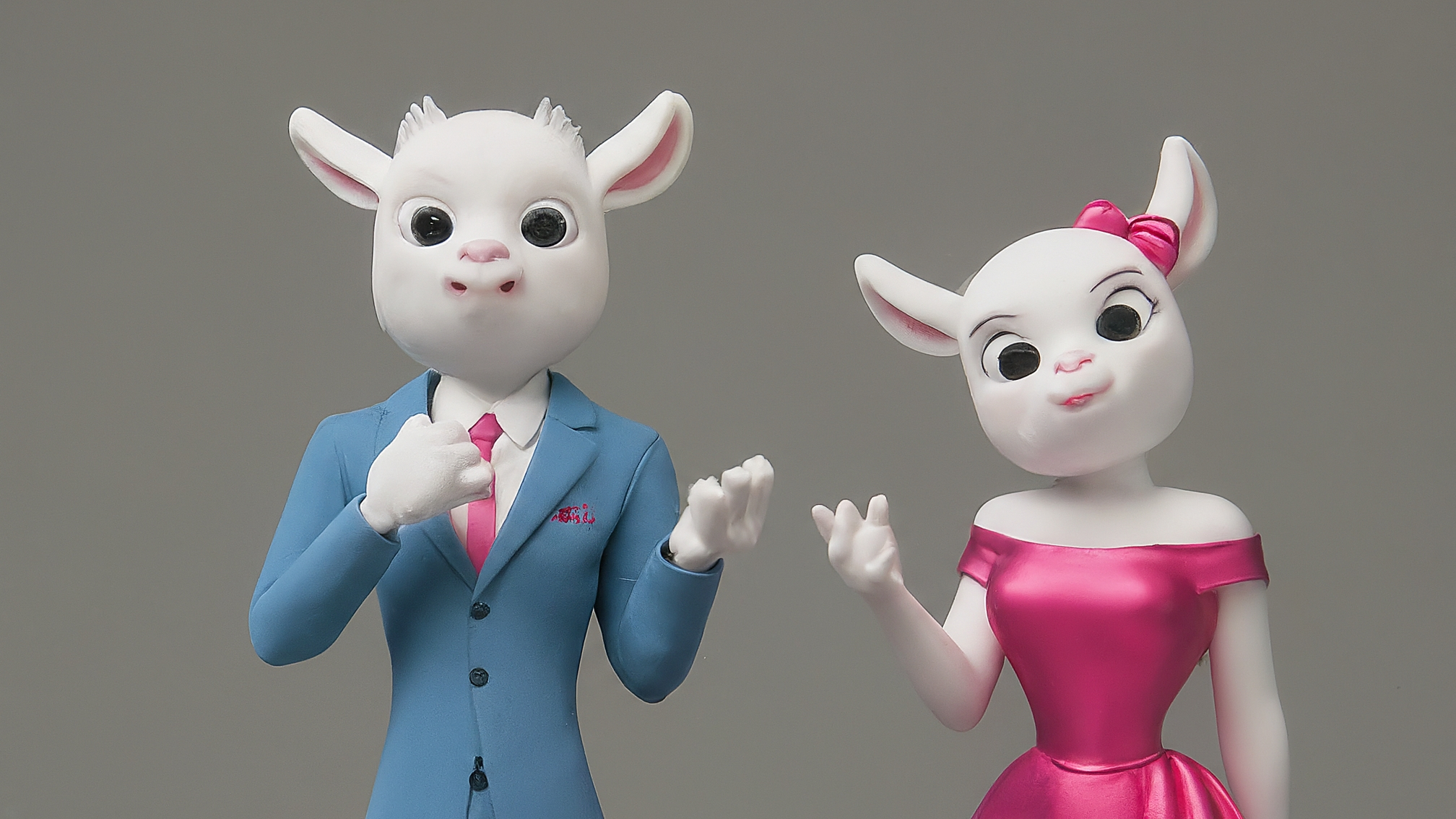 Due lama bianchi in stile cartoon, vestiti eleganti (uno maschio in completo blu, una femmina in vestito rosa). Il lama maschio ha un'espressione concentrata e leggermente preoccupata, tenendo in mano un punto interrogativo stilizzato. La lama femmina ha un'espressione curiosa e attenta, indicando uno schermo virtuale con grafici inesistenti. Sfondo neutro con sfumature blu e rosa tenui. Nessun testo.