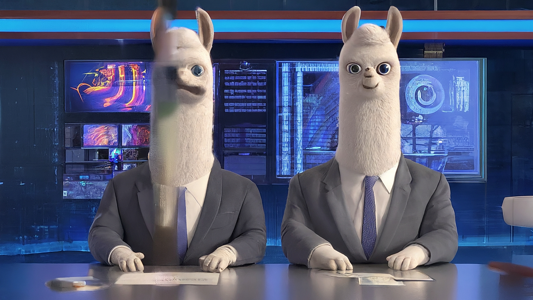 Due lama bianchi in stile cartoon, Marco Alam con un elegante completo blu, Kia Mala con un elegante vestito rosa. Marco ha un'espressione analitica e leggermente ironica, mentre Kia ha un'espressione genuina e attenta. Sono in una sala con uno sfondo di grafici crypto stilizzati e luminosi. Nessun testo sull'immagine. Colori vivaci e accattivanti.