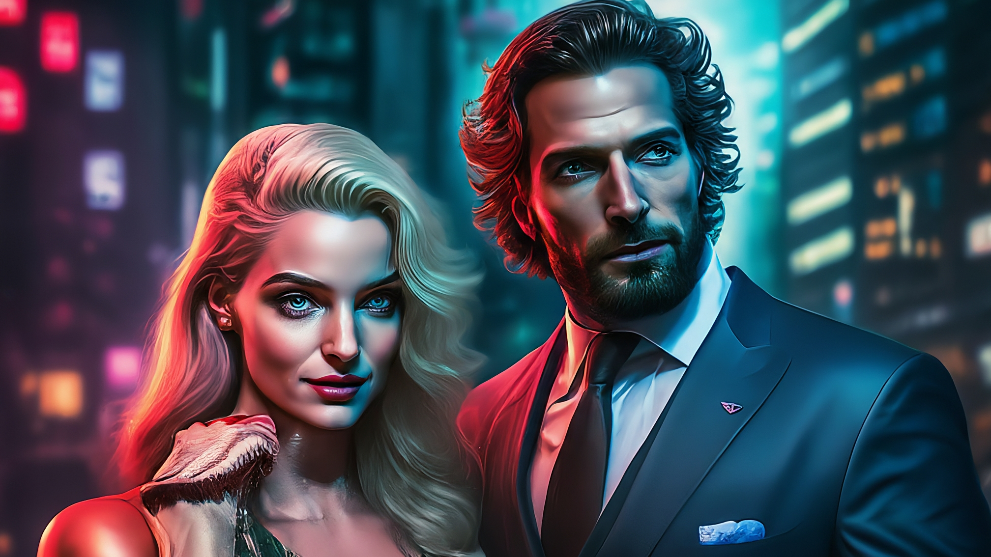 Due lama bianchi cartoon, un maschio e una femmina, vestiti con eleganti completi (maschio blu, femmina rosa). Stanno guardando uno schermo con grafici di criptovalute che mostrano picchi e cali. Espressione analitica ma leggermente divertita. Nessun testo. Colori vivaci e contrastanti, stile cartoon accattivante e moderno.