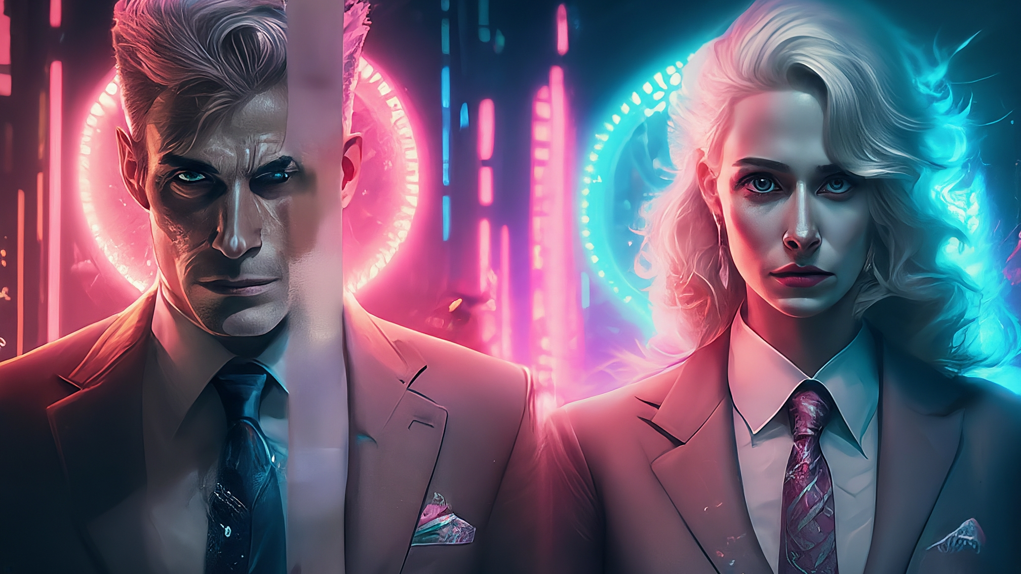 Due lama bianchi in stile cartoon con vestiti eleganti (uno maschio blu, una femmina rosa), espressione attenta e leggermente preoccupata, con uno sfondo astratto che richiama grafici crypto e luci blu/rosa. Nessun testo.