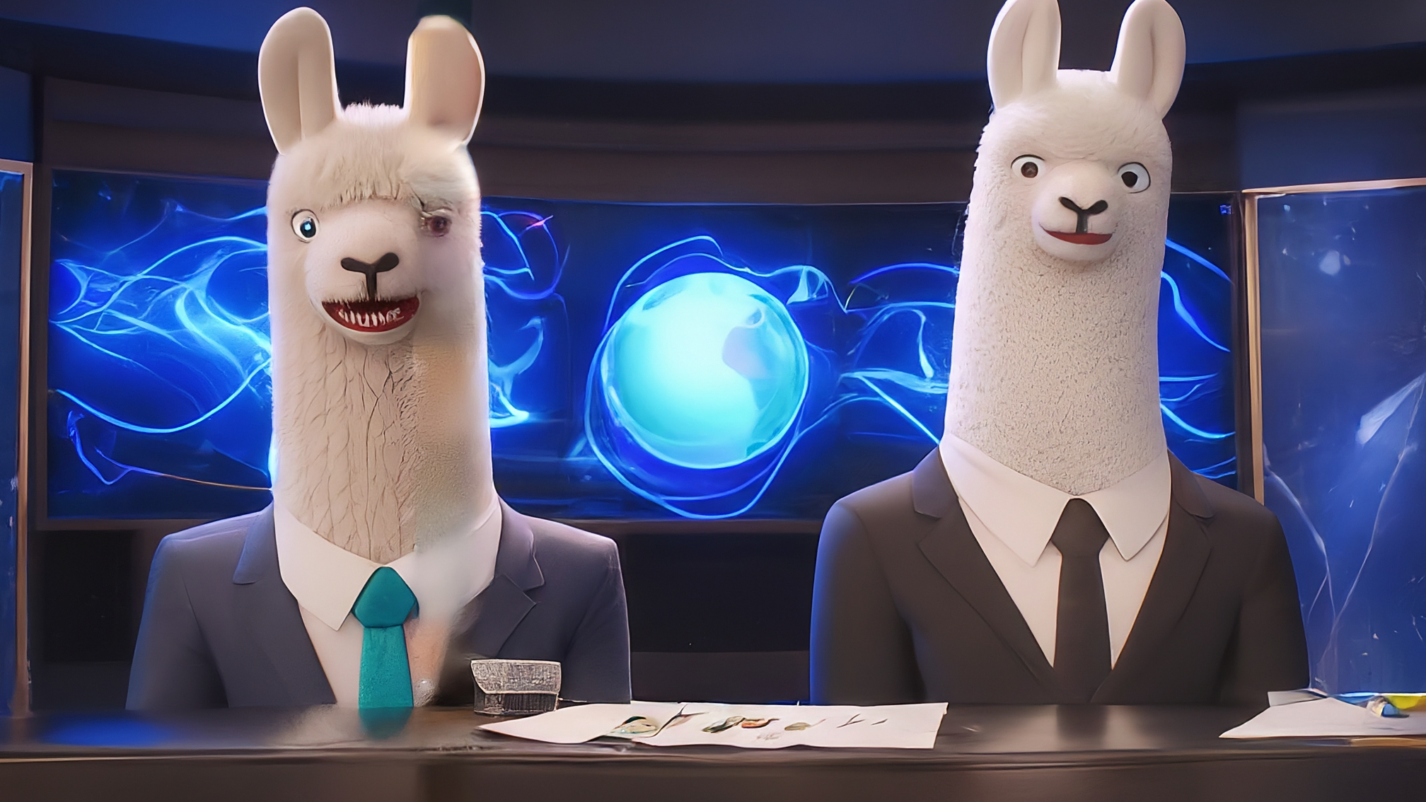 Due lama bianchi in stile cartoon con vestiti eleganti. Marco Alam (maschio, completo blu) guarda intensamente uno schermo con grafici crypto in rosso e verde, espressione analitica ma con un accenno di preoccupazione. Kia Mala (femmina, vestito rosa) osserva con curiosità e un pizzico di eccitazione, tenendo in mano un piccolo megafono stilizzato. Sfondo sfumato che richiama i colori delle criptovalute. Nessun testo sull'immagine.