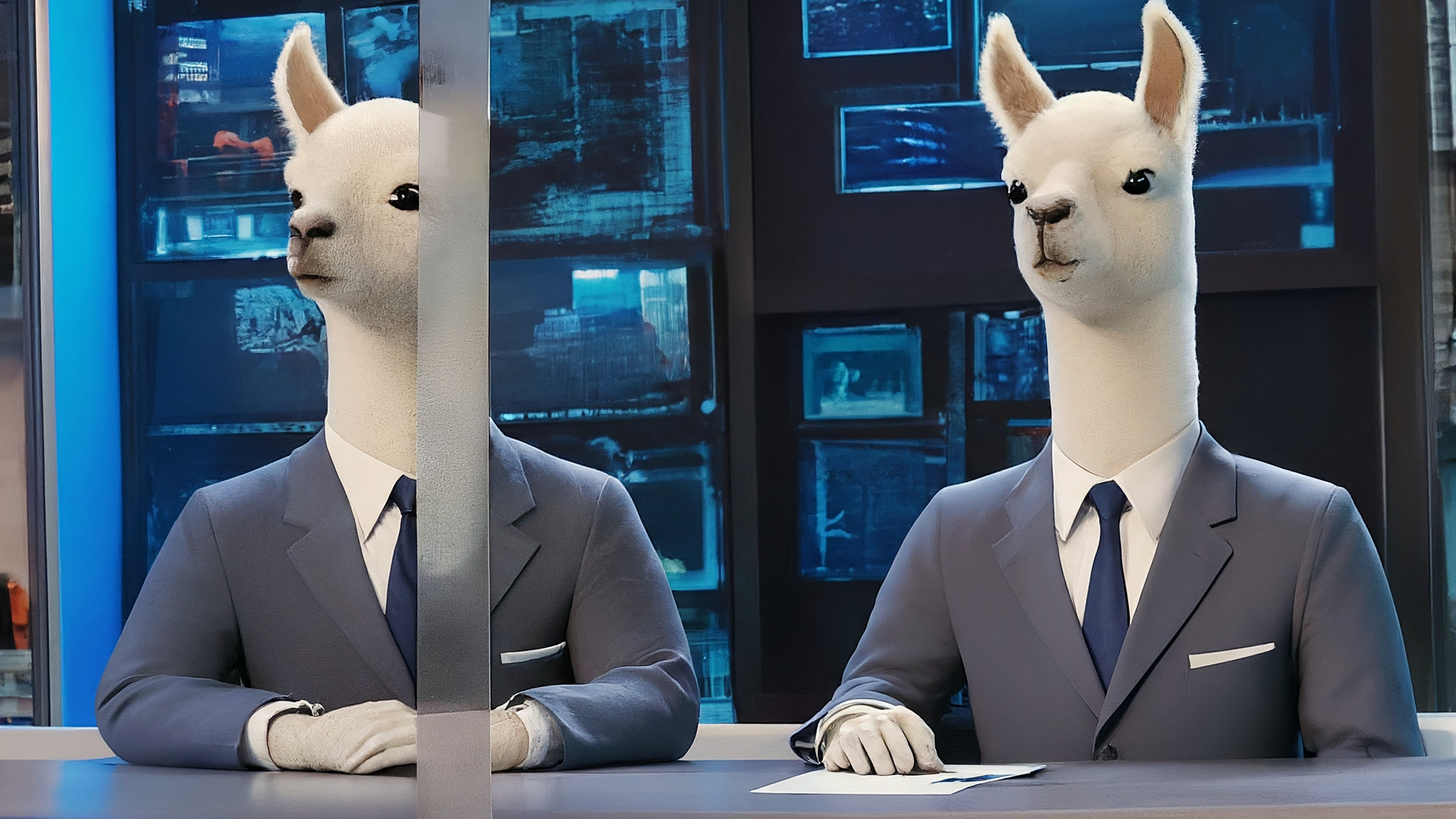 Due lama bianchi in stile cartoon, uno maschio con completo blu elegante, una femmina con vestito rosa elegante. Marco Alam con espressione analitica e leggermente divertita, Kia Mala con espressione genuina e attenta. Sfondo neutro ma vivace con accenni di grafici stilizzati. Nessun testo visibile. Colori predominanti blu, rosa, bianco e sfumature tenui.