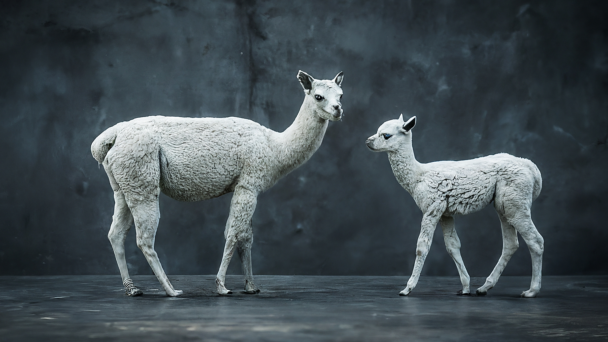 Due lama bianchi cartoon vestiti elegantemente (uno maschio, uno femmina) con espressione curiosa e leggermente preoccupata, in piedi davanti a uno schermo nero con solo il simbolo