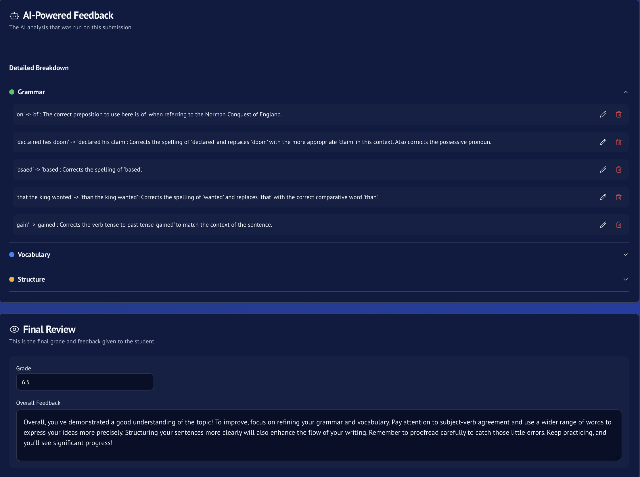 AI‑powered feedback panel highlighting strengths and areas to revise