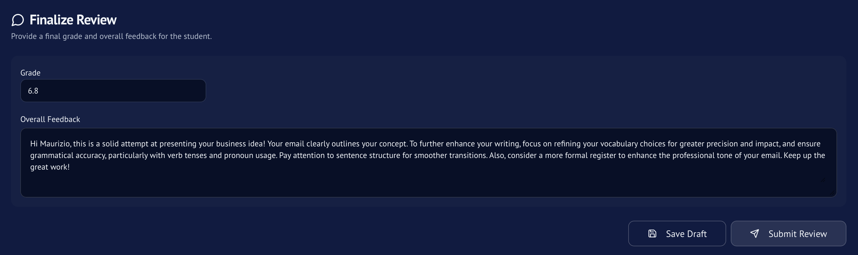 Teacher final review interface with rubric and comment tools