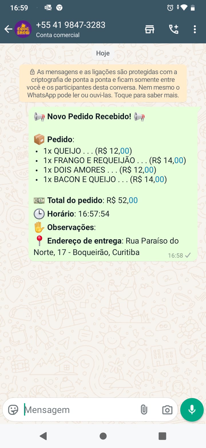 Visualização do pedido recebido no whatsapp