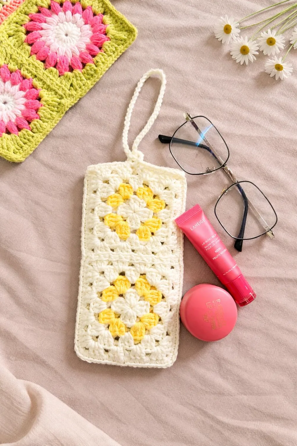 Retro Floral Crochet Wristlet Pouch
