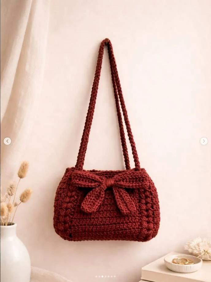 Handcrafted Crochet Bow Shoulder Bag (Rust Red)