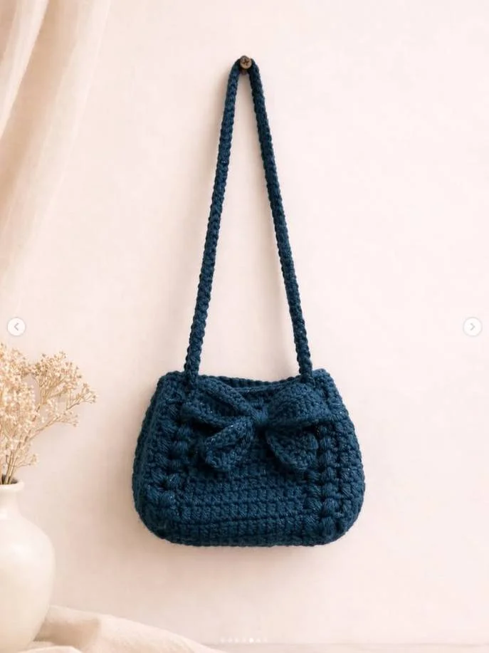 Handmade Crochet Bow Shoulder Bag (Deep Teal Blue)