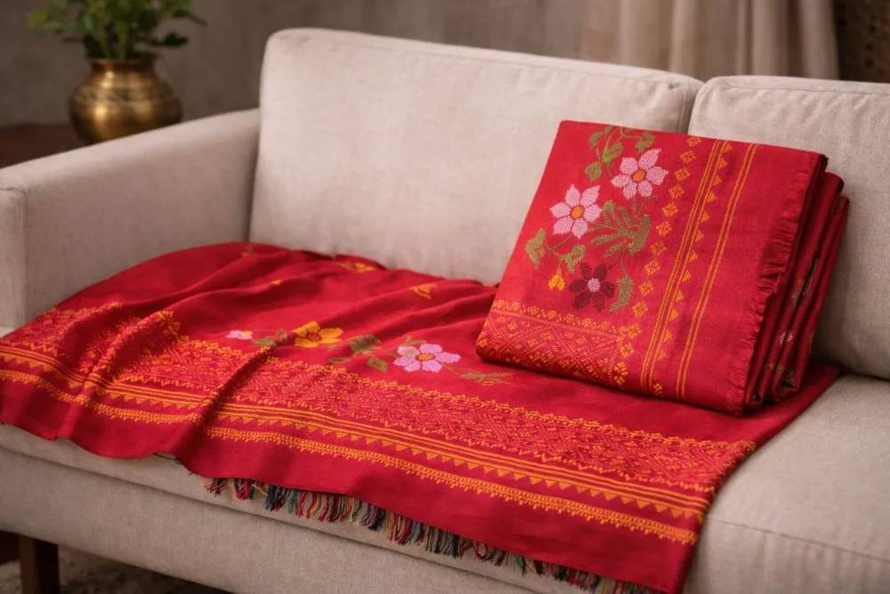  Traditional Assamese Red Sador Mekhela with blouse piece Woven Floral Motifs | Cotton Blend Ethnic Wear